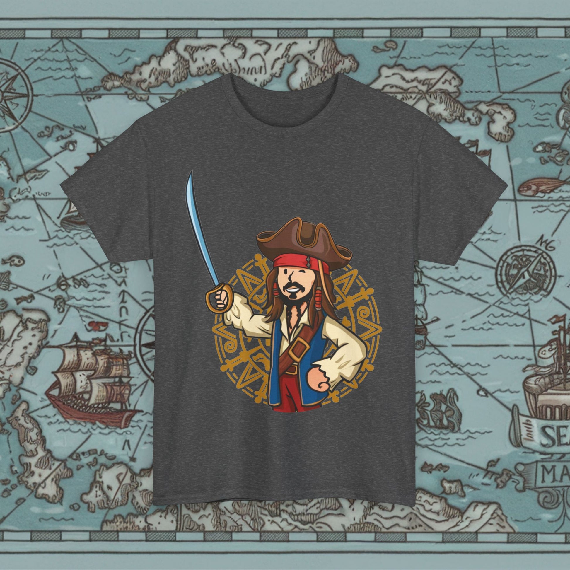 Captain Boy Jack Sparrow Pirates of the Caribbean Vault Boy Fallout Funny Meme Cartoon Mashup Unisex Heavy Cotton Tee Dark Heather T-shirts Fallout Johnny Depp Movies Pirates of the Caribbean Vault Boy Printify