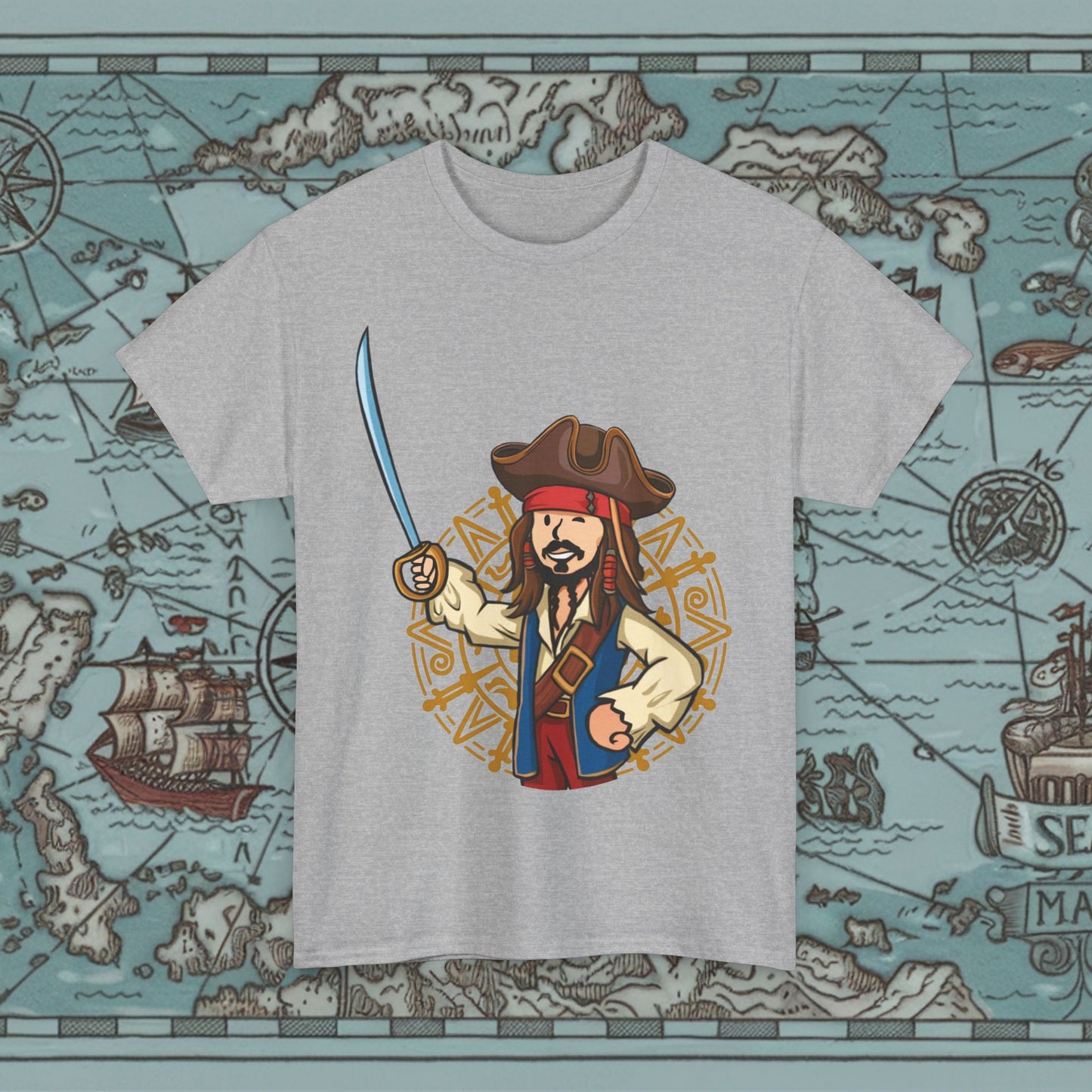 Captain Boy Jack Sparrow Pirates of the Caribbean Vault Boy Fallout Funny Meme Cartoon Mashup Unisex Heavy Cotton Tee Sport Grey T-shirts Fallout Johnny Depp Movies Pirates of the Caribbean Vault Boy Printify