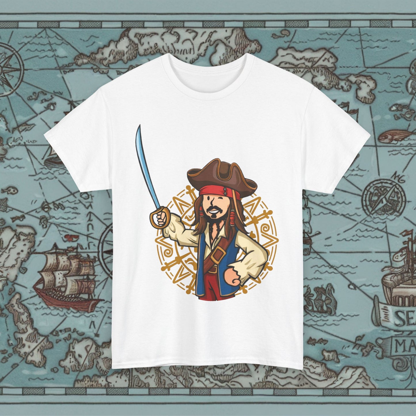 Captain Boy Jack Sparrow Pirates of the Caribbean Vault Boy Fallout Funny Meme Cartoon Mashup Unisex Heavy Cotton Tee White T-shirts Fallout Johnny Depp Movies Pirates of the Caribbean Vault Boy Printify