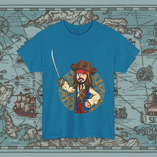 Captain Boy Jack Sparrow Pirates of the Caribbean Vault Boy Fallout Funny Meme Cartoon Mashup Unisex Heavy Cotton Tee Antique Sapphire T-shirts Fallout Johnny Depp Movies Pirates of the Caribbean Vault Boy Printify