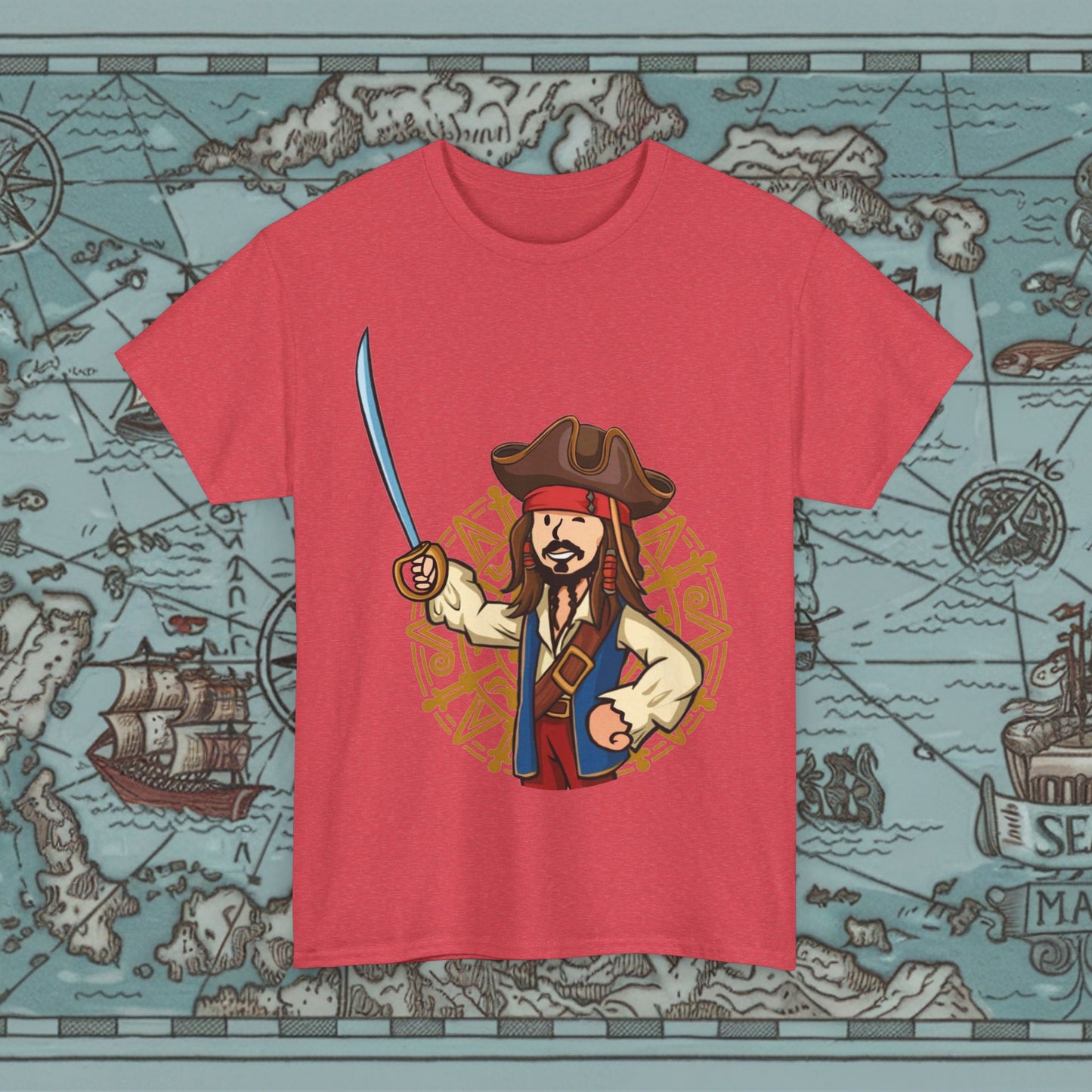 Captain Boy Jack Sparrow Pirates of the Caribbean Vault Boy Fallout Funny Meme Cartoon Mashup Unisex Heavy Cotton Tee Heather Red T-shirts Fallout Johnny Depp Movies Pirates of the Caribbean Vault Boy Printify