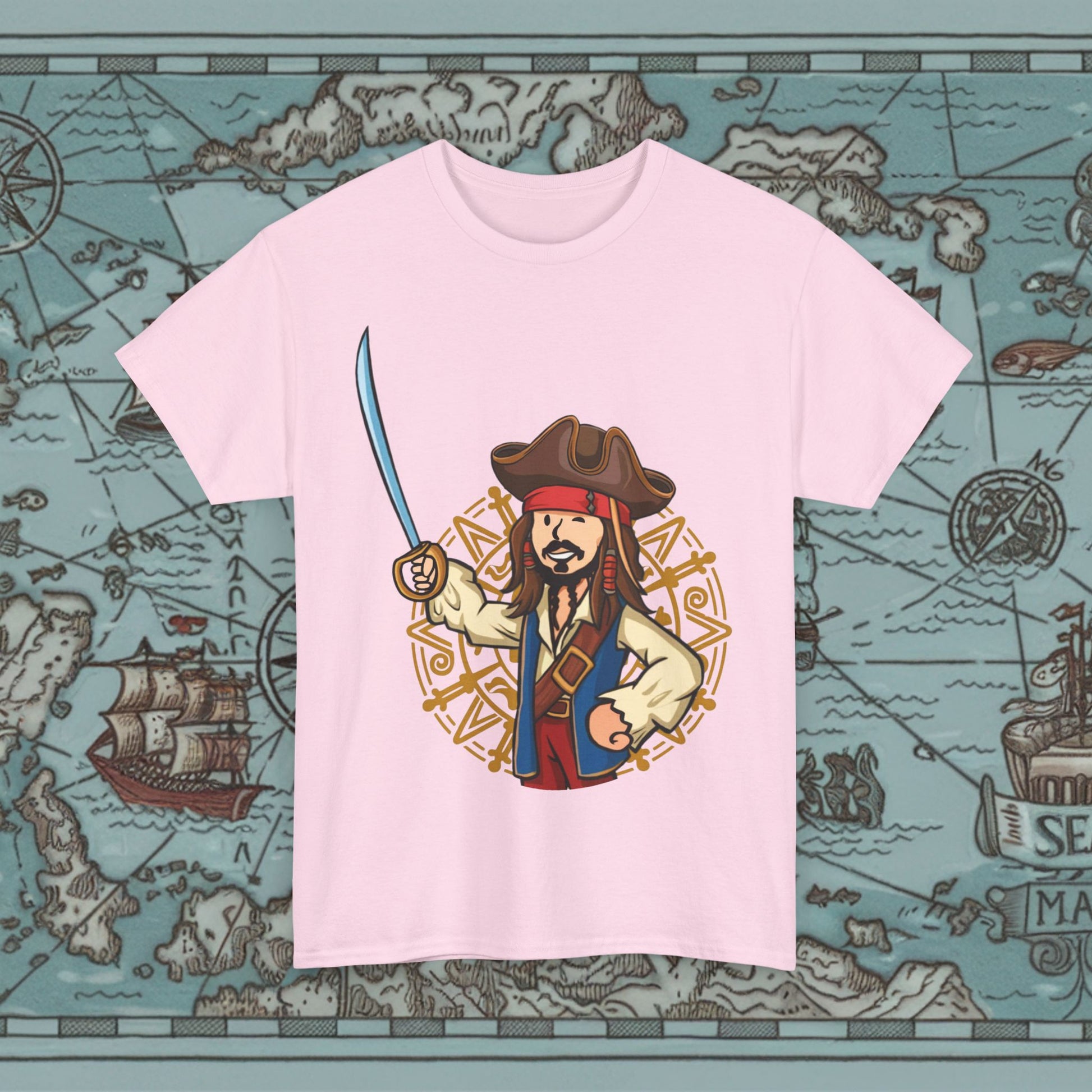 Captain Boy Jack Sparrow Pirates of the Caribbean Vault Boy Fallout Funny Meme Cartoon Mashup Unisex Heavy Cotton Tee Light Pink T-shirts Fallout Johnny Depp Movies Pirates of the Caribbean Vault Boy Printify