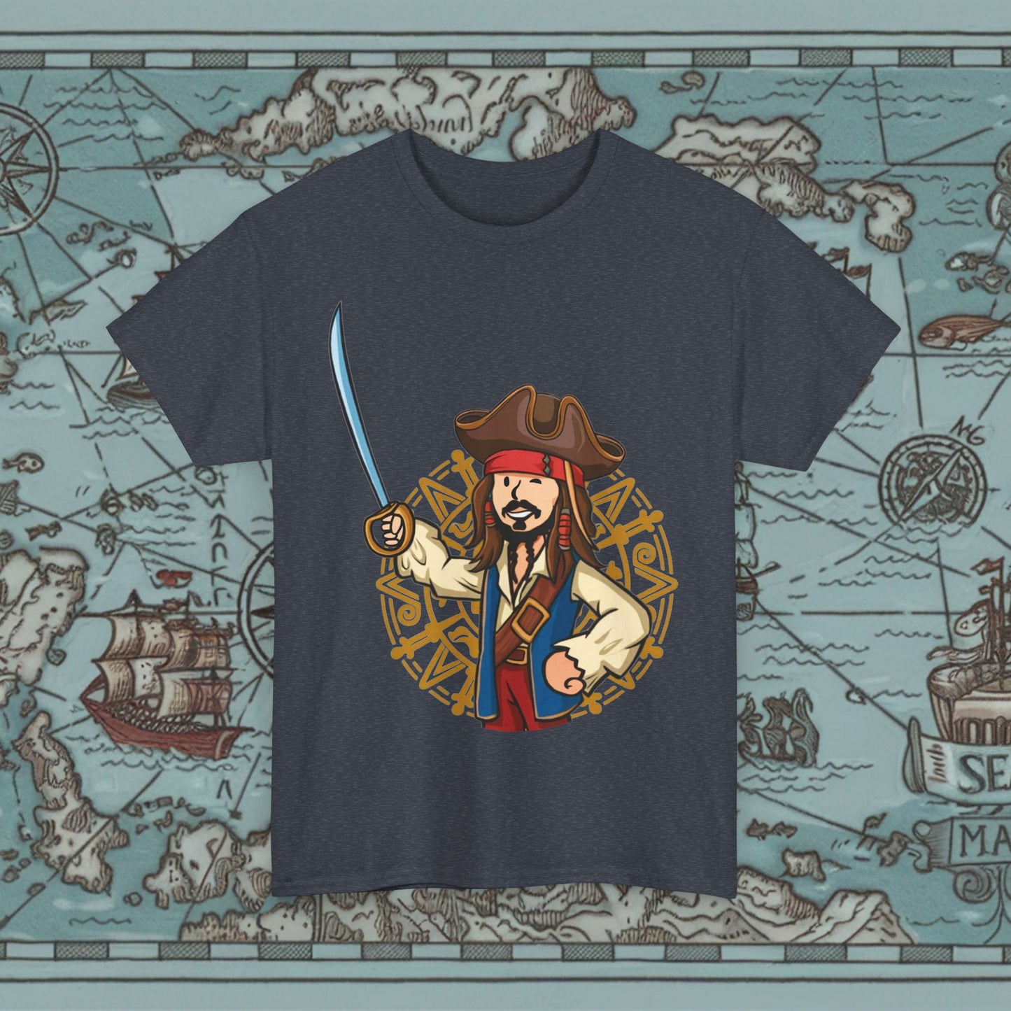 Captain Boy Jack Sparrow Pirates of the Caribbean Vault Boy Fallout Funny Meme Cartoon Mashup Unisex Heavy Cotton Tee Heather Navy T-shirts Fallout Johnny Depp Movies Pirates of the Caribbean Vault Boy Printify