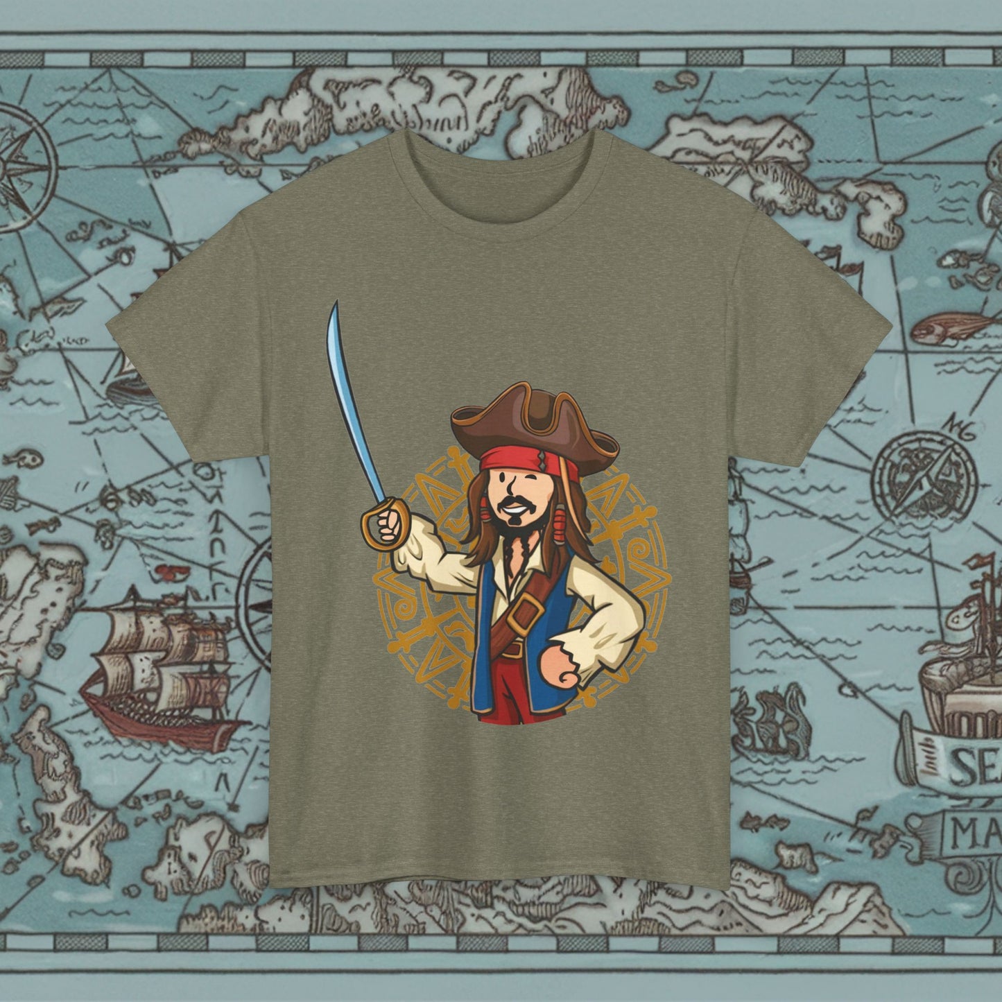 Captain Boy Jack Sparrow Pirates of the Caribbean Vault Boy Fallout Funny Meme Cartoon Mashup Unisex Heavy Cotton Tee Heather Military Green T-shirts Fallout Johnny Depp Movies Pirates of the Caribbean Vault Boy Printify