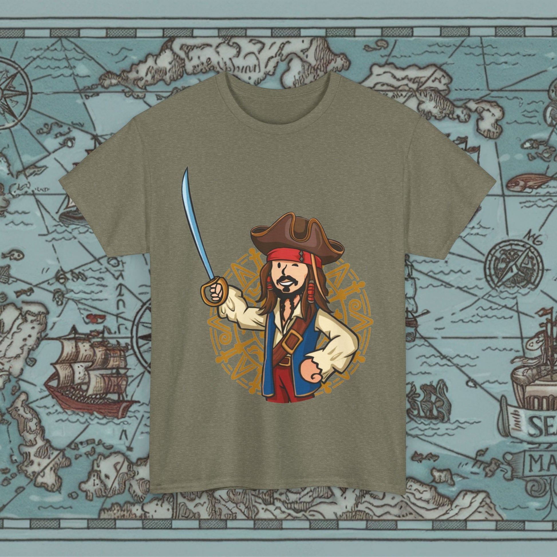 Captain Boy Jack Sparrow Pirates of the Caribbean Vault Boy Fallout Funny Meme Cartoon Mashup Unisex Heavy Cotton Tee Heather Military Green T-shirts Fallout Johnny Depp Movies Pirates of the Caribbean Vault Boy Printify