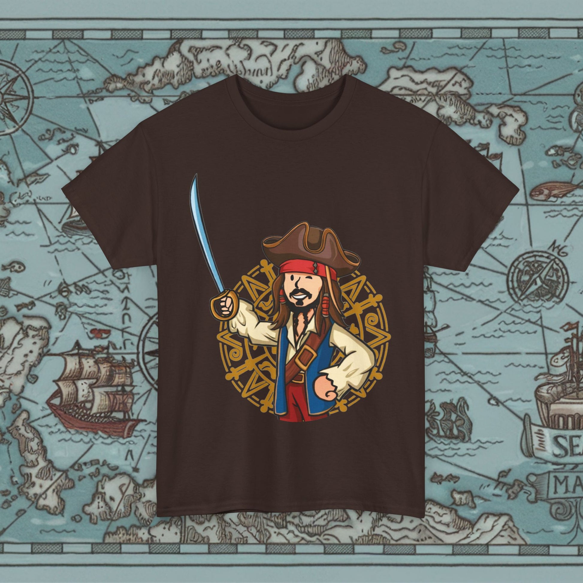 Captain Boy Jack Sparrow Pirates of the Caribbean Vault Boy Fallout Funny Meme Cartoon Mashup Unisex Heavy Cotton Tee Dark Chocolate T-shirts Fallout Johnny Depp Movies Pirates of the Caribbean Vault Boy Printify