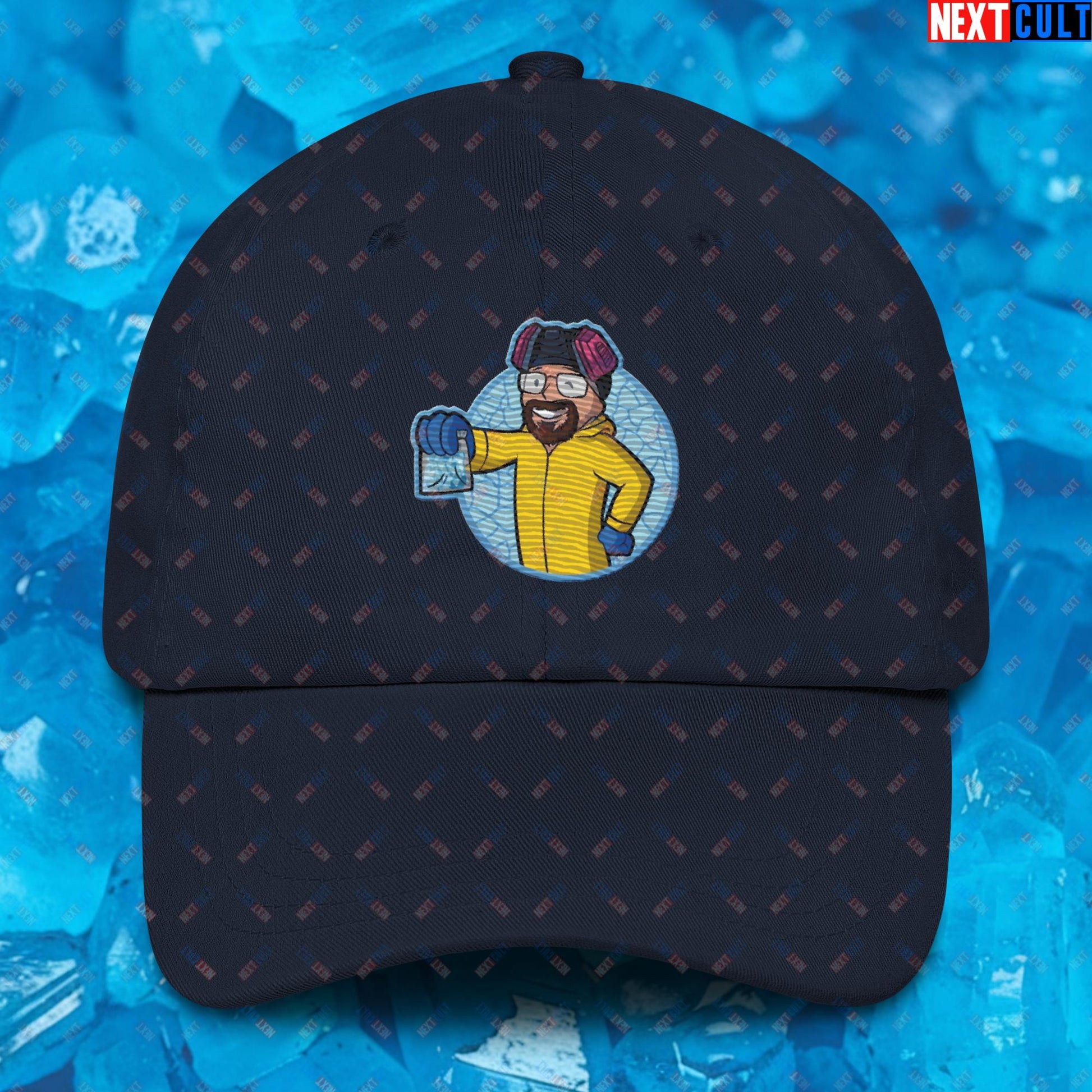 Chemistry Boy Walter White Breaking Bad Vault Boy Fallout Funny Meme Cartoon Mashup Dad hat Navy Hats Breaking Bad Fallout TV Shows Vault Boy Next Cult Brand