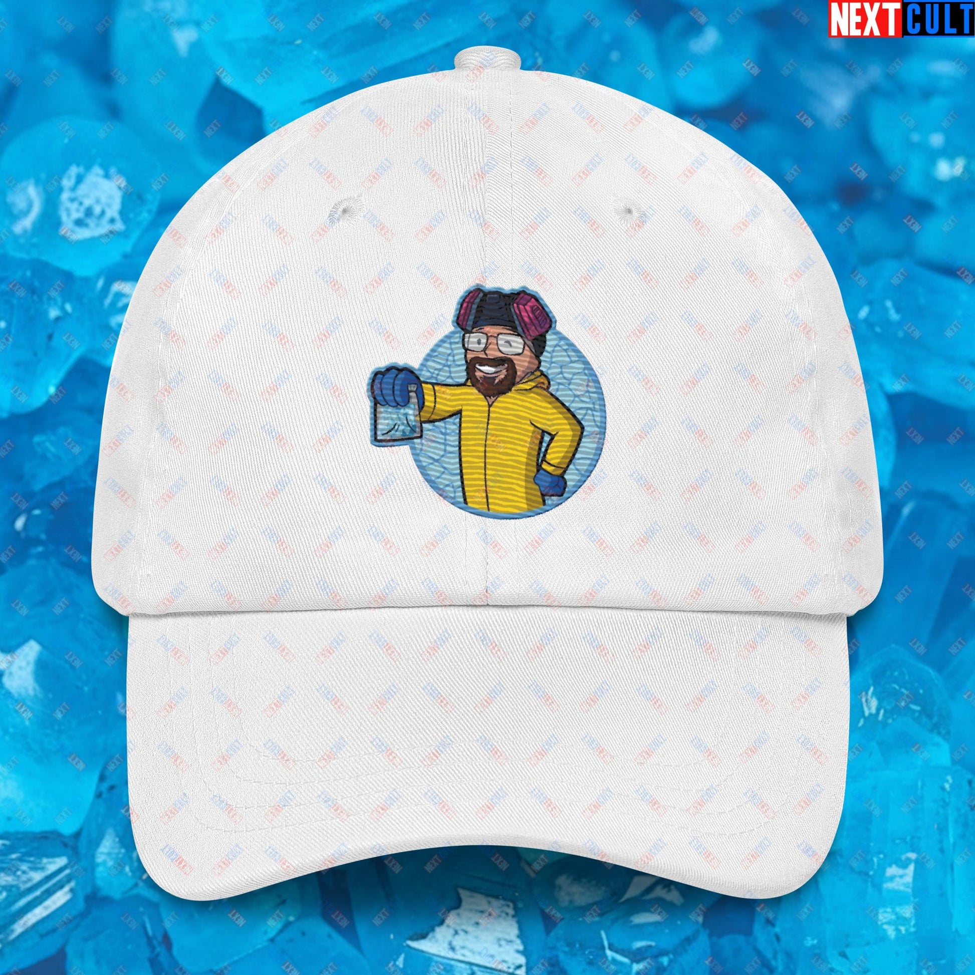 Chemistry Boy Walter White Breaking Bad Vault Boy Fallout Funny Meme Cartoon Mashup Dad hat White Hats Breaking Bad Fallout TV Shows Vault Boy Next Cult Brand