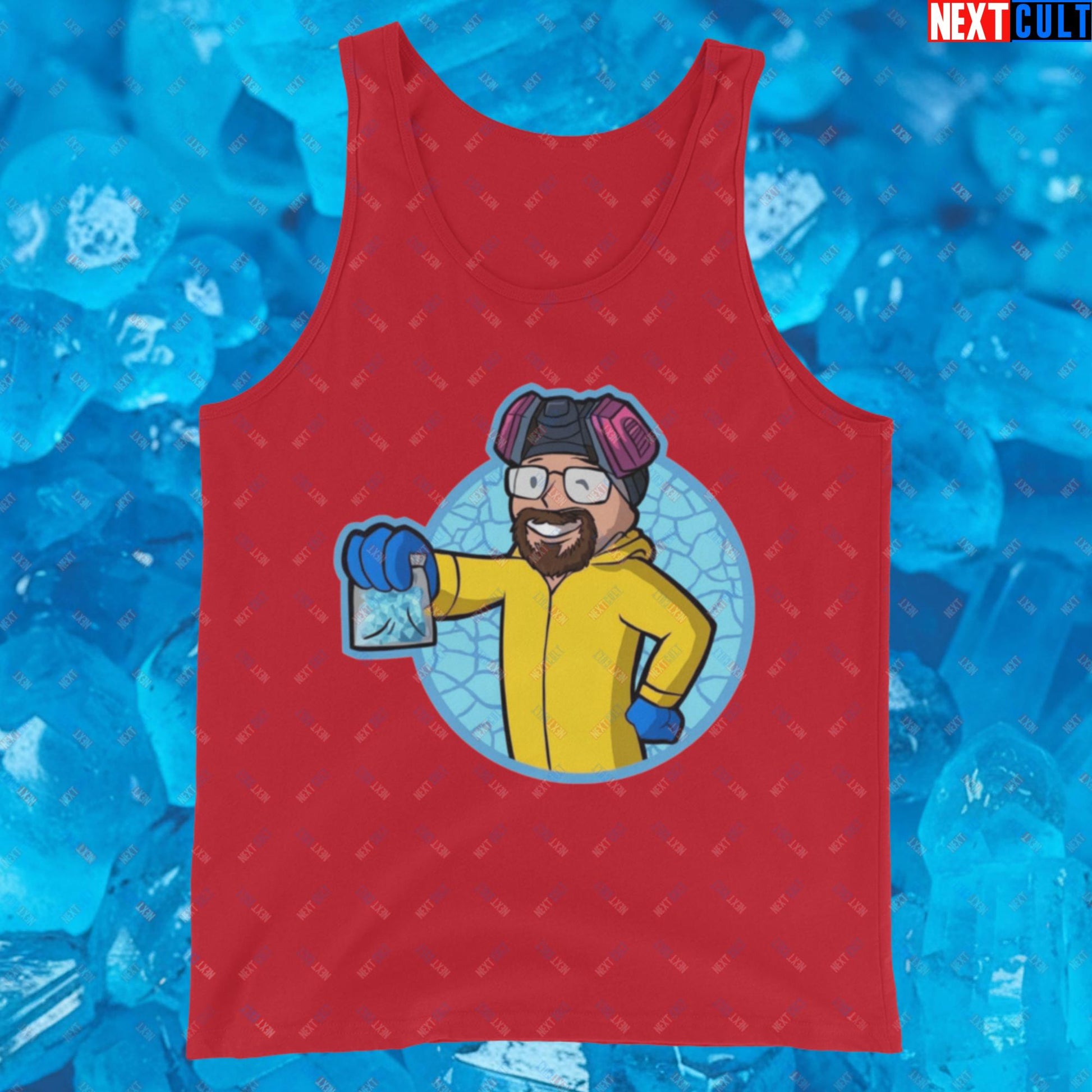 Chemistry Boy Walter White Breaking Bad Vault Boy Fallout Funny Meme Cartoon Mashup Tank Top Red Tank Tops Breaking Bad Fallout TV Shows Vault Boy Next Cult Brand