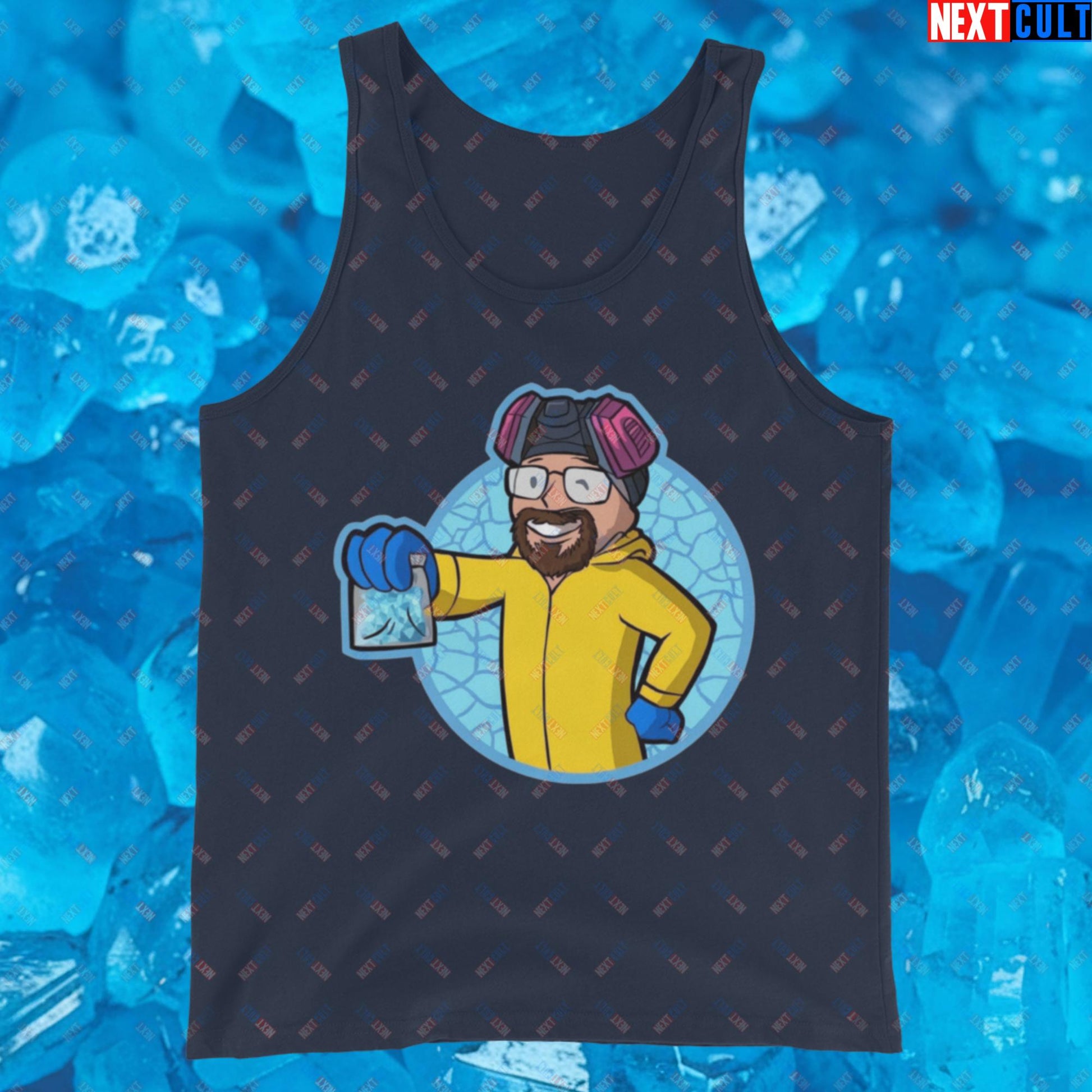 Chemistry Boy Walter White Breaking Bad Vault Boy Fallout Funny Meme Cartoon Mashup Tank Top Navy Tank Tops Breaking Bad Fallout TV Shows Vault Boy Next Cult Brand