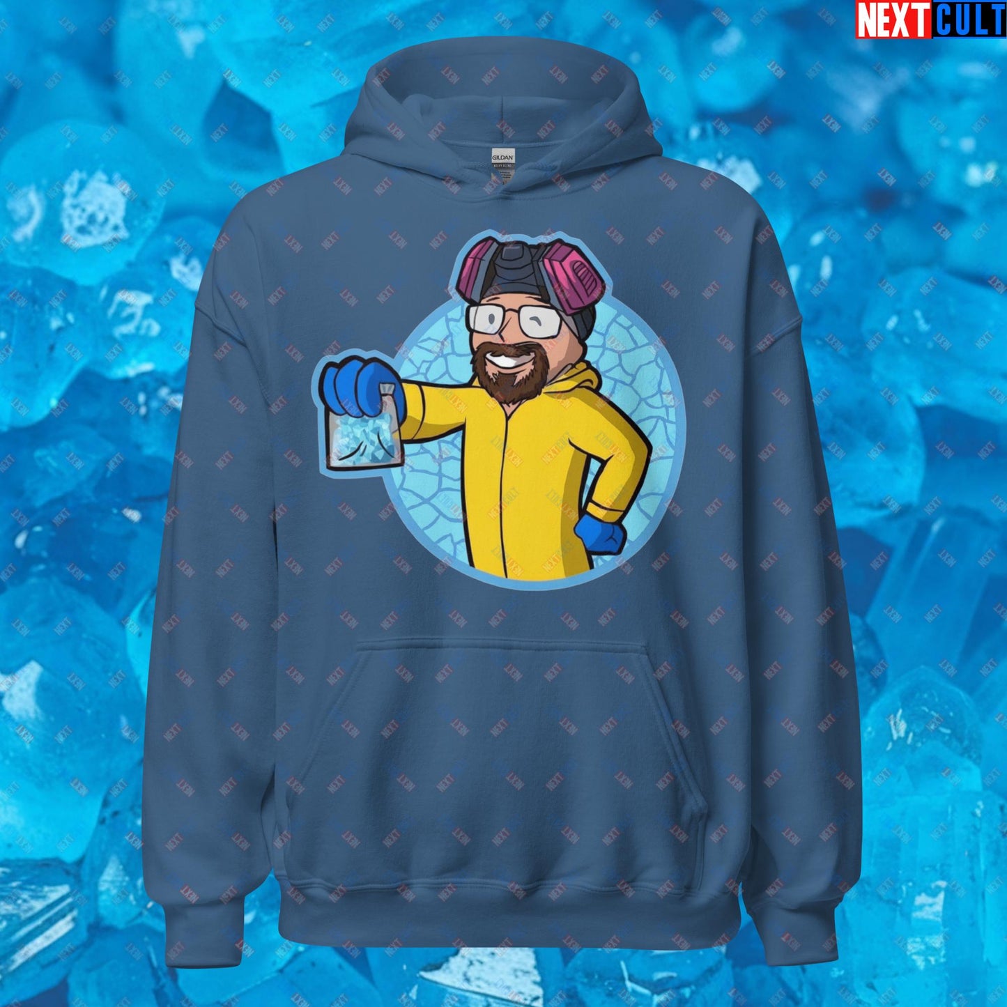 Chemistry Boy Walter White Breaking Bad Vault Boy Fallout Funny Meme Cartoon Mashup Unisex Hoodie Indigo Blue Hoodies Breaking Bad Fallout TV Shows Vault Boy Next Cult Brand