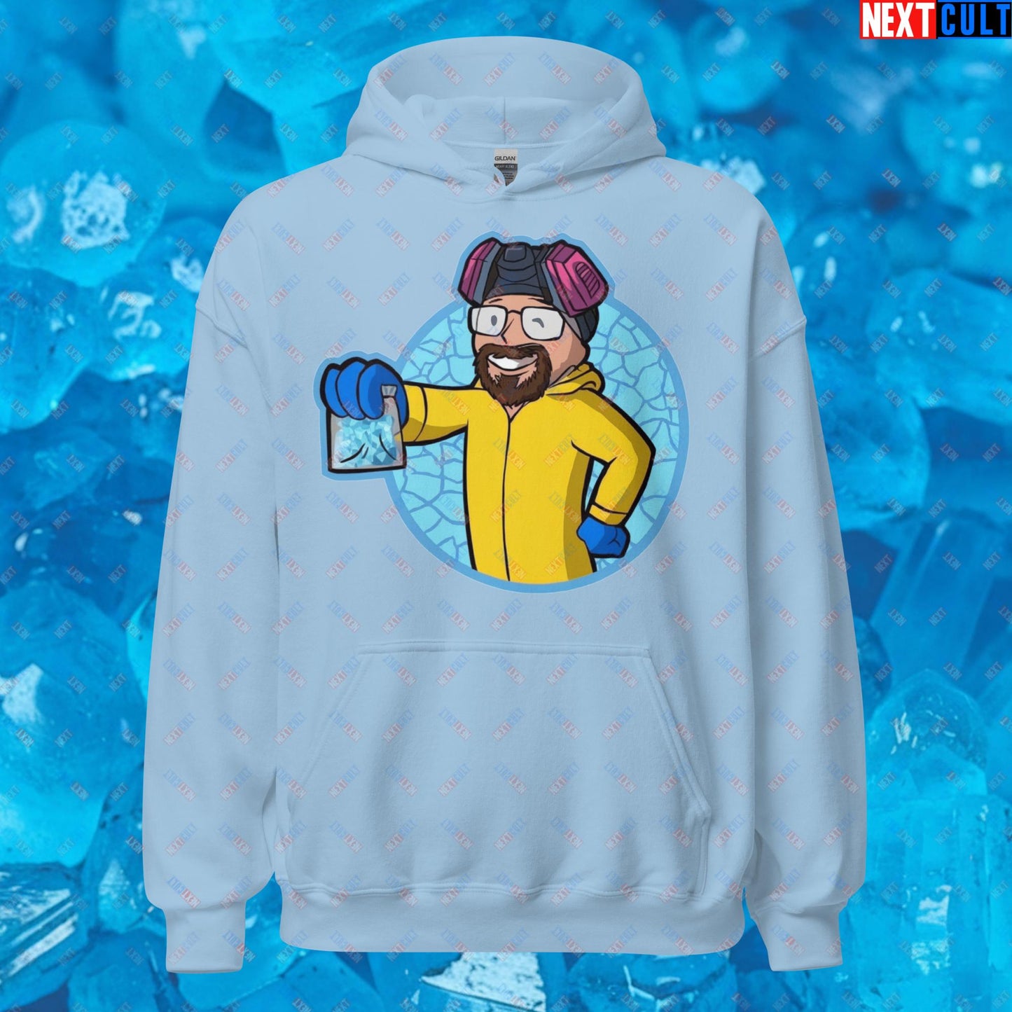 Chemistry Boy Walter White Breaking Bad Vault Boy Fallout Funny Meme Cartoon Mashup Unisex Hoodie Light Blue Hoodies Breaking Bad Fallout TV Shows Vault Boy Next Cult Brand