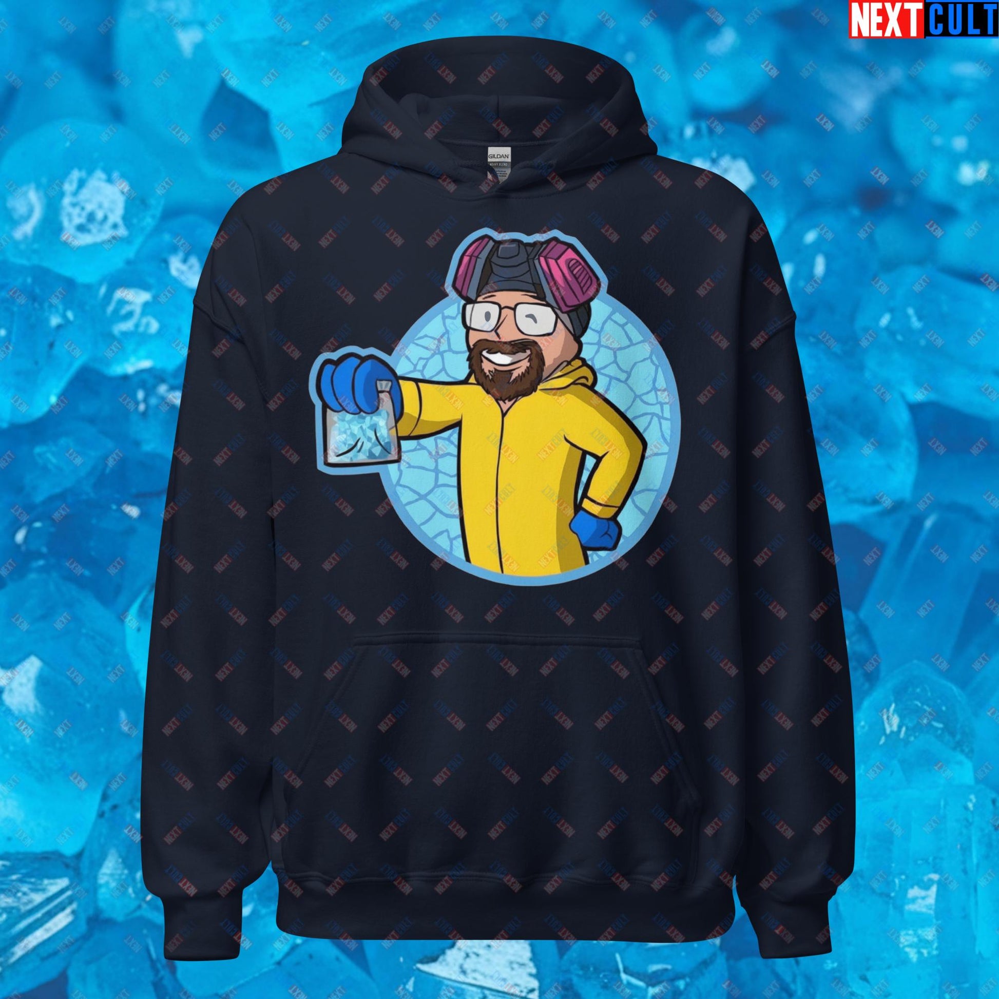 Chemistry Boy Walter White Breaking Bad Vault Boy Fallout Funny Meme Cartoon Mashup Unisex Hoodie Navy Hoodies Breaking Bad Fallout TV Shows Vault Boy Next Cult Brand