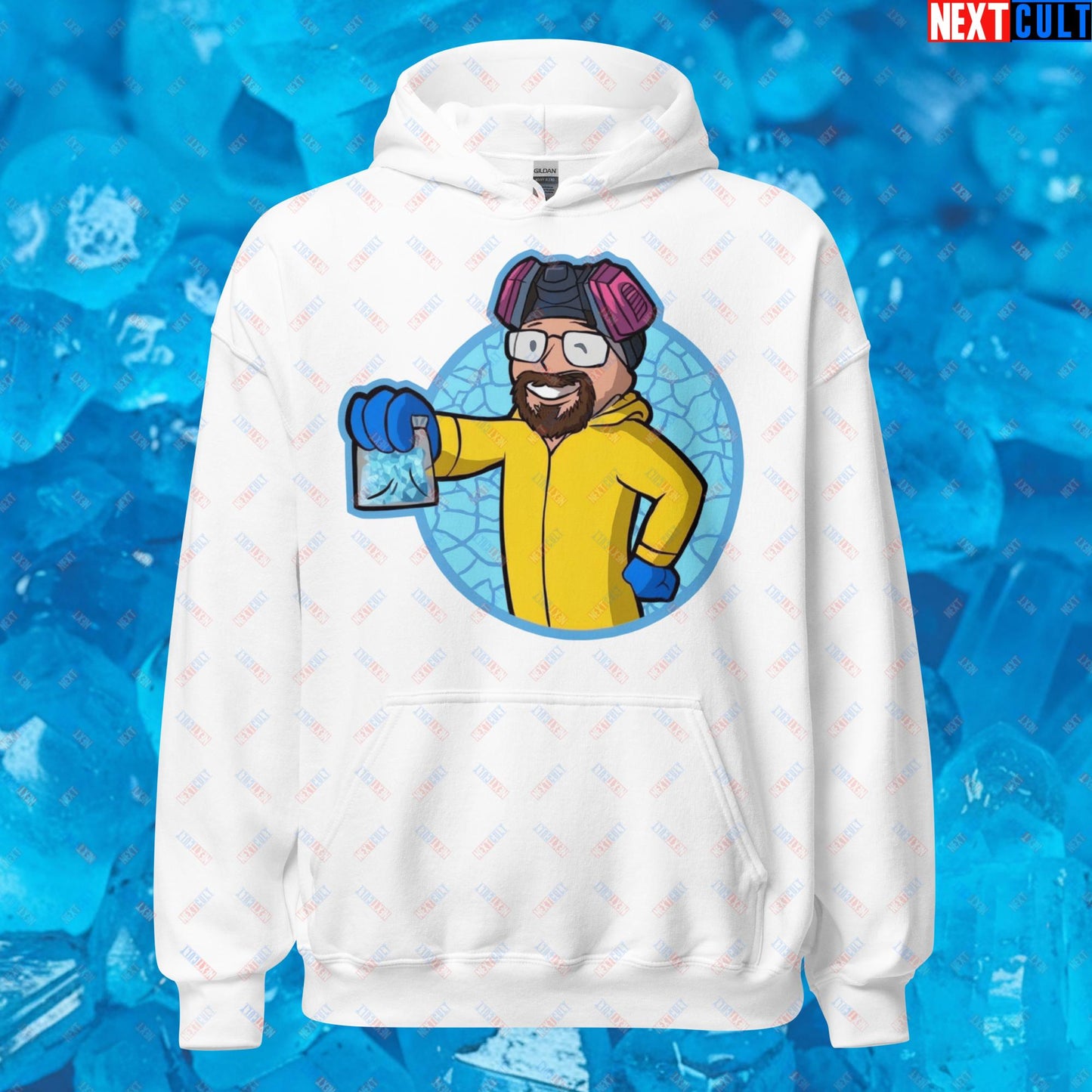 Chemistry Boy Walter White Breaking Bad Vault Boy Fallout Funny Meme Cartoon Mashup Unisex Hoodie White Hoodies Breaking Bad Fallout TV Shows Vault Boy Next Cult Brand