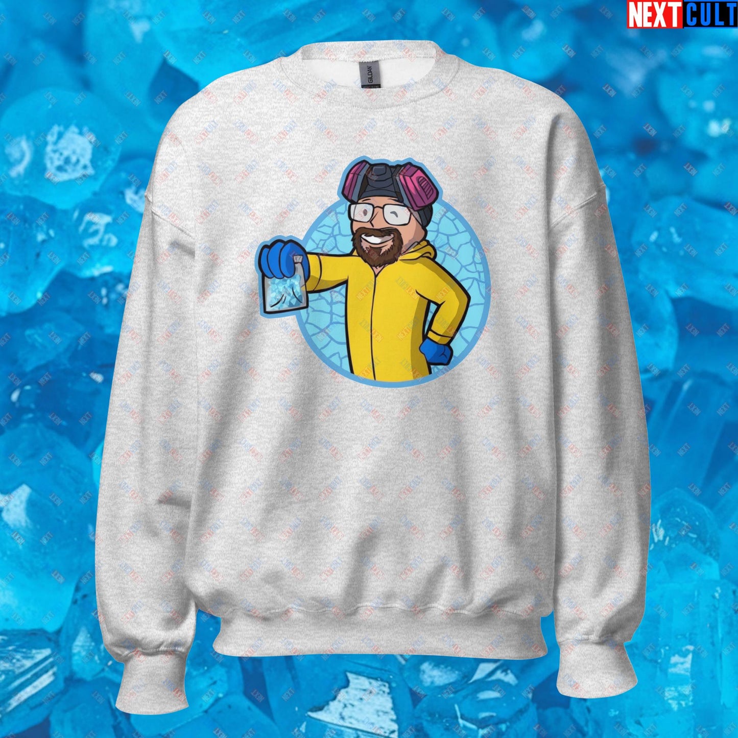 Chemistry Boy Walter White Breaking Bad Vault Boy Fallout Funny Meme Cartoon Mashup Unisex Sweatshirt Ash Sweatshirts Breaking Bad Fallout TV Shows Vault Boy Next Cult Brand