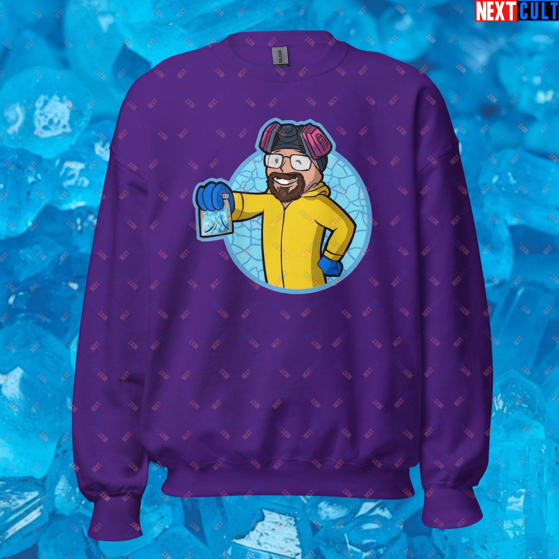 Chemistry Boy Walter White Breaking Bad Vault Boy Fallout Funny Meme Cartoon Mashup Unisex Sweatshirt Purple Sweatshirts Breaking Bad Fallout TV Shows Vault Boy Next Cult Brand