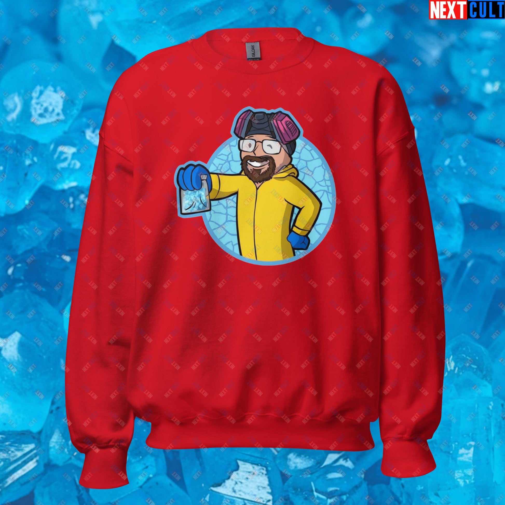 Chemistry Boy Walter White Breaking Bad Vault Boy Fallout Funny Meme Cartoon Mashup Unisex Sweatshirt Red Sweatshirts Breaking Bad Fallout TV Shows Vault Boy Next Cult Brand