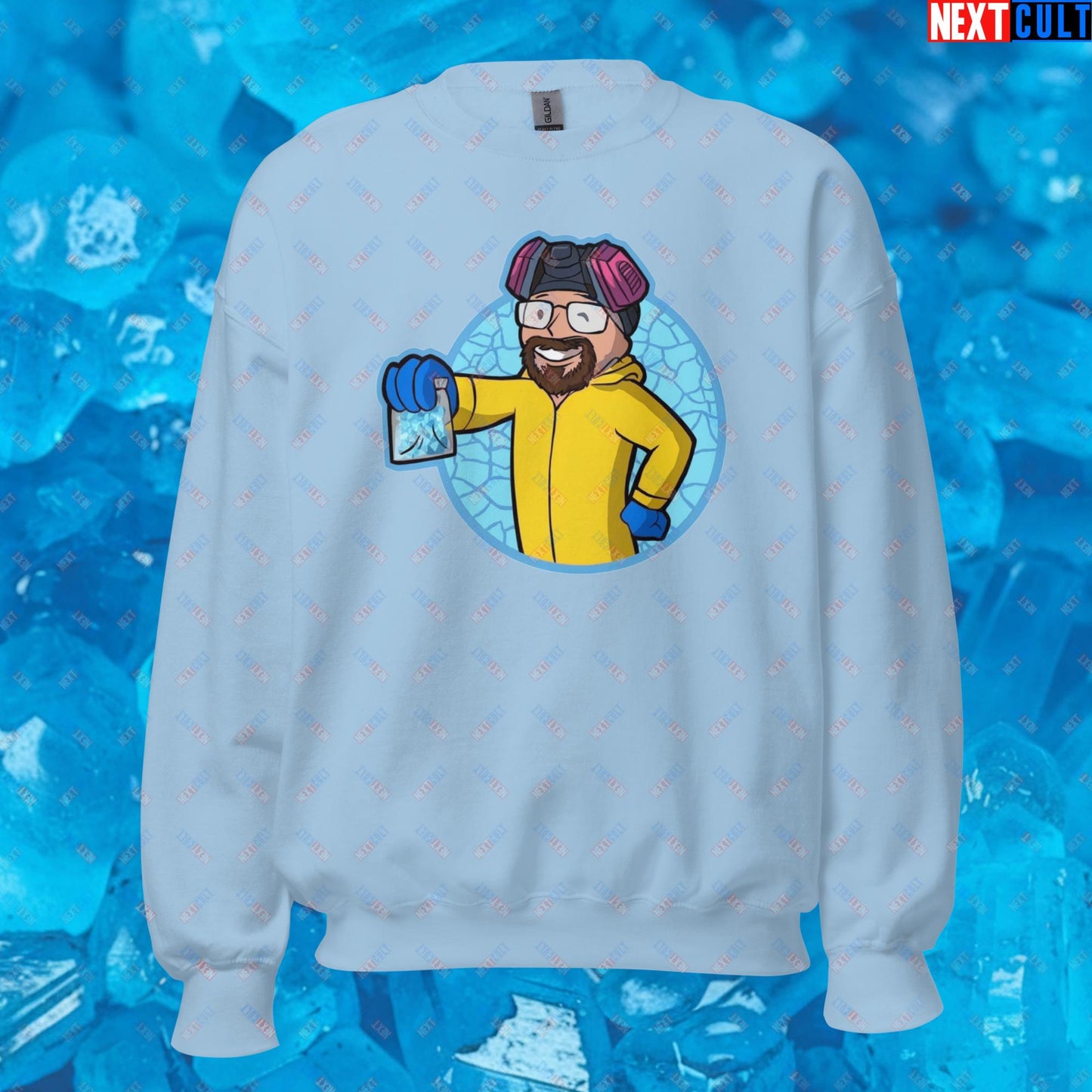 Chemistry Boy Walter White Breaking Bad Vault Boy Fallout Funny Meme Cartoon Mashup Unisex Sweatshirt Light Blue Sweatshirts Breaking Bad Fallout TV Shows Vault Boy Next Cult Brand