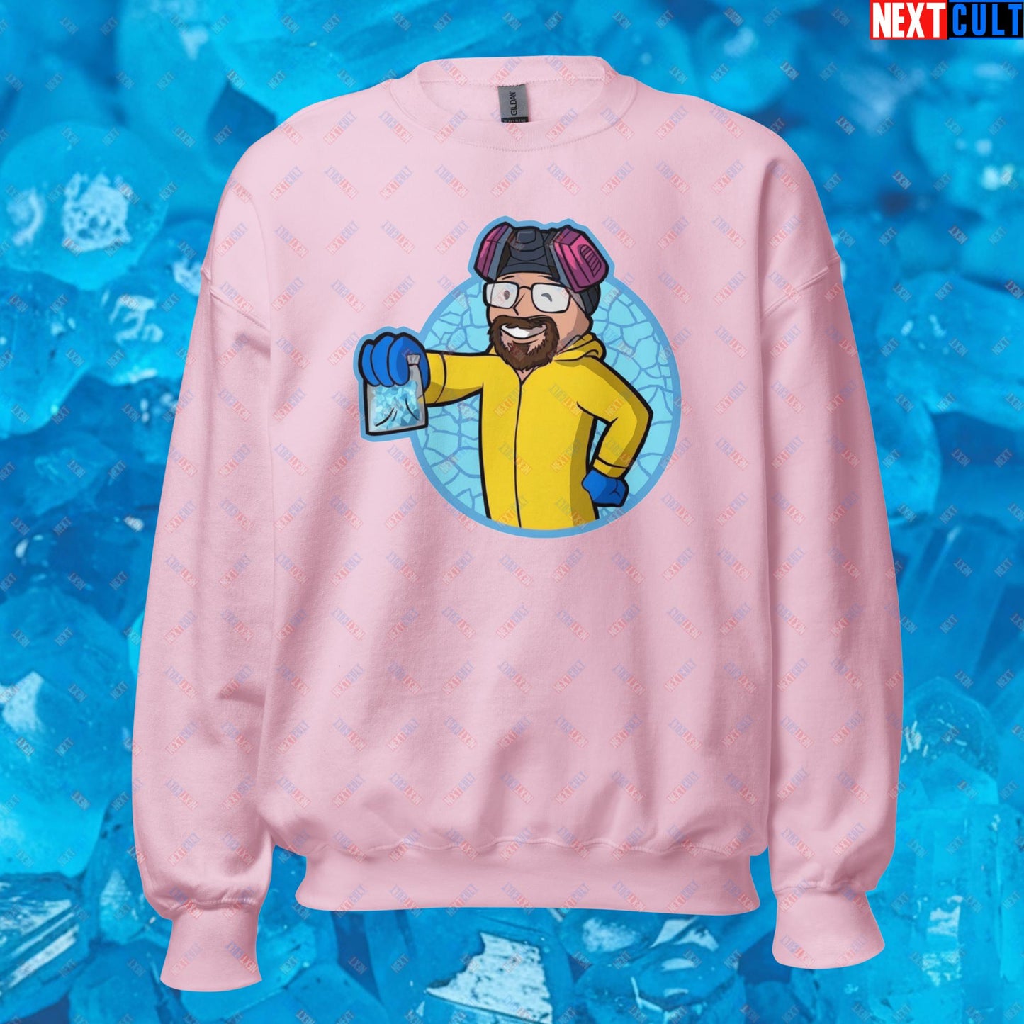 Chemistry Boy Walter White Breaking Bad Vault Boy Fallout Funny Meme Cartoon Mashup Unisex Sweatshirt Light Pink Sweatshirts Breaking Bad Fallout TV Shows Vault Boy Next Cult Brand