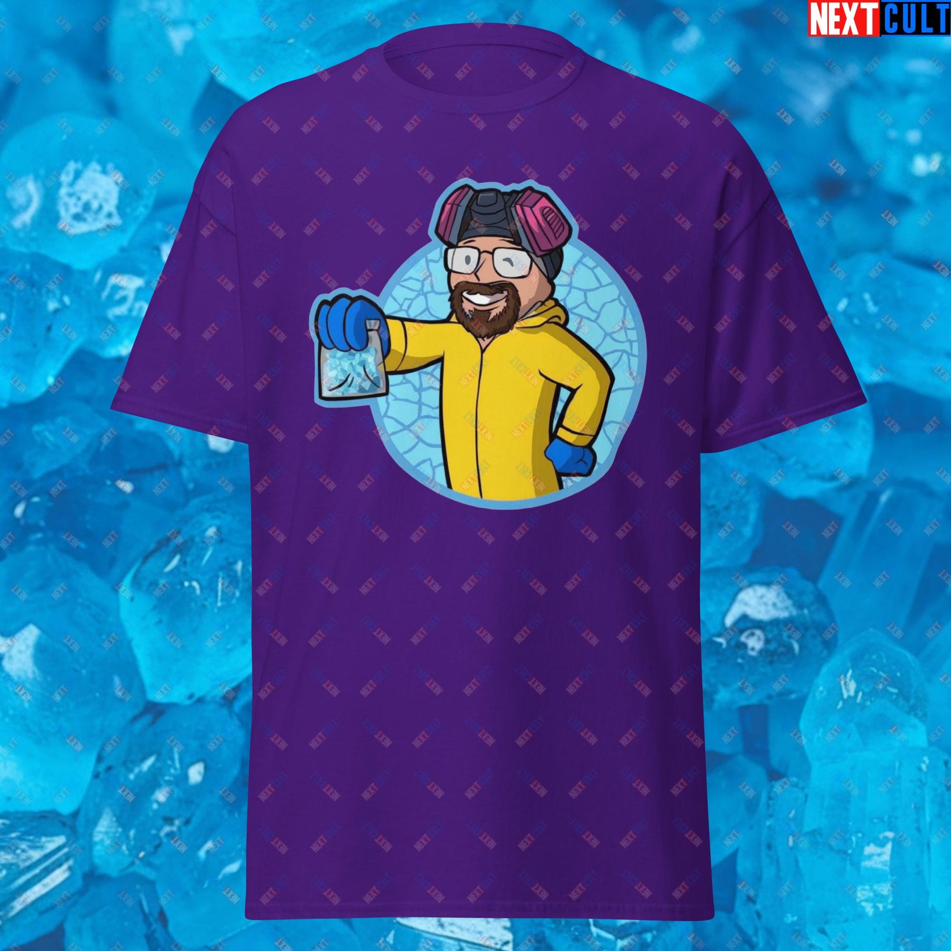 Chemistry Boy Walter White Breaking Bad Vault Boy Fallout Funny Meme Cartoon Mashup Unisex tee Purple T-shirts Breaking Bad Fallout TV Shows Vault Boy Next Cult Brand