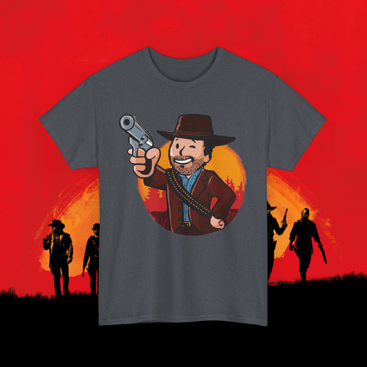 Cowboy Red Dead Redemption Vault Boy Fallout Funny Meme Cartoon Mashup Unisex Heavy Cotton Tee Tweed T-shirts Fallout Red Dead Redemption Vault Boy Video Games Printify