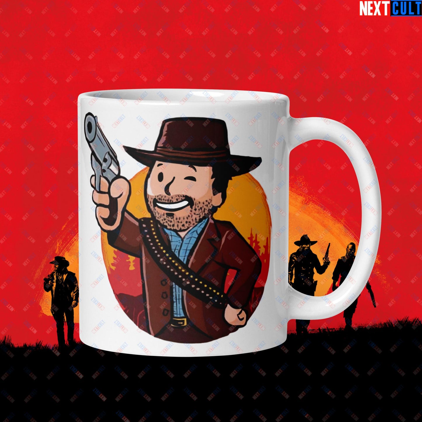 Cowboy Red Dead Redemption Vault Boy Fallout Funny Meme Cartoon Mashup White glossy mug Next Cult Brand