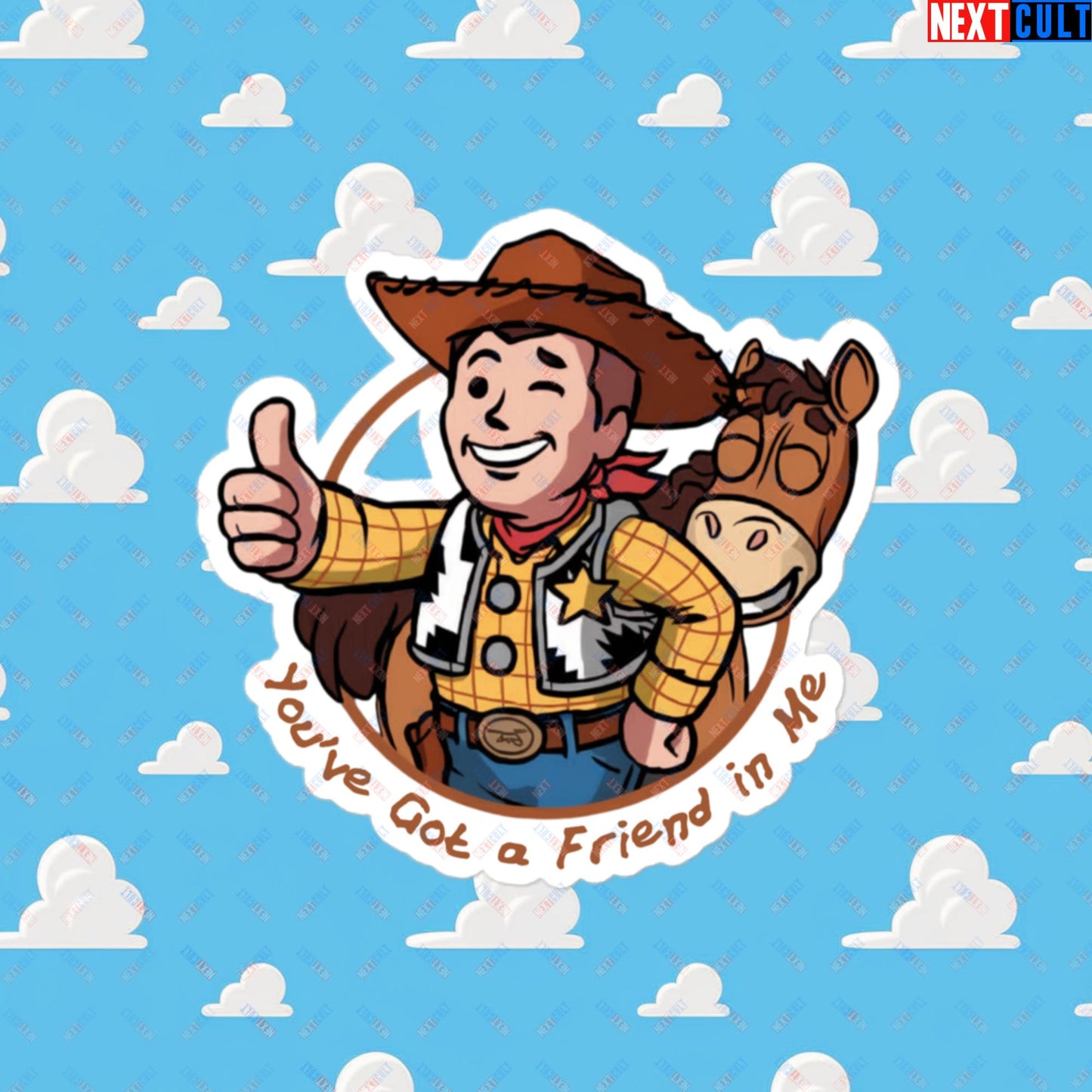 Cowboy Woody Toy Story Vault Boy Fallout Funny Meme Cartoon Mashup Bubble-free stickers 4″×4″ Stickers Fallout Movies Toy Story Vault Boy Next Cult Brand