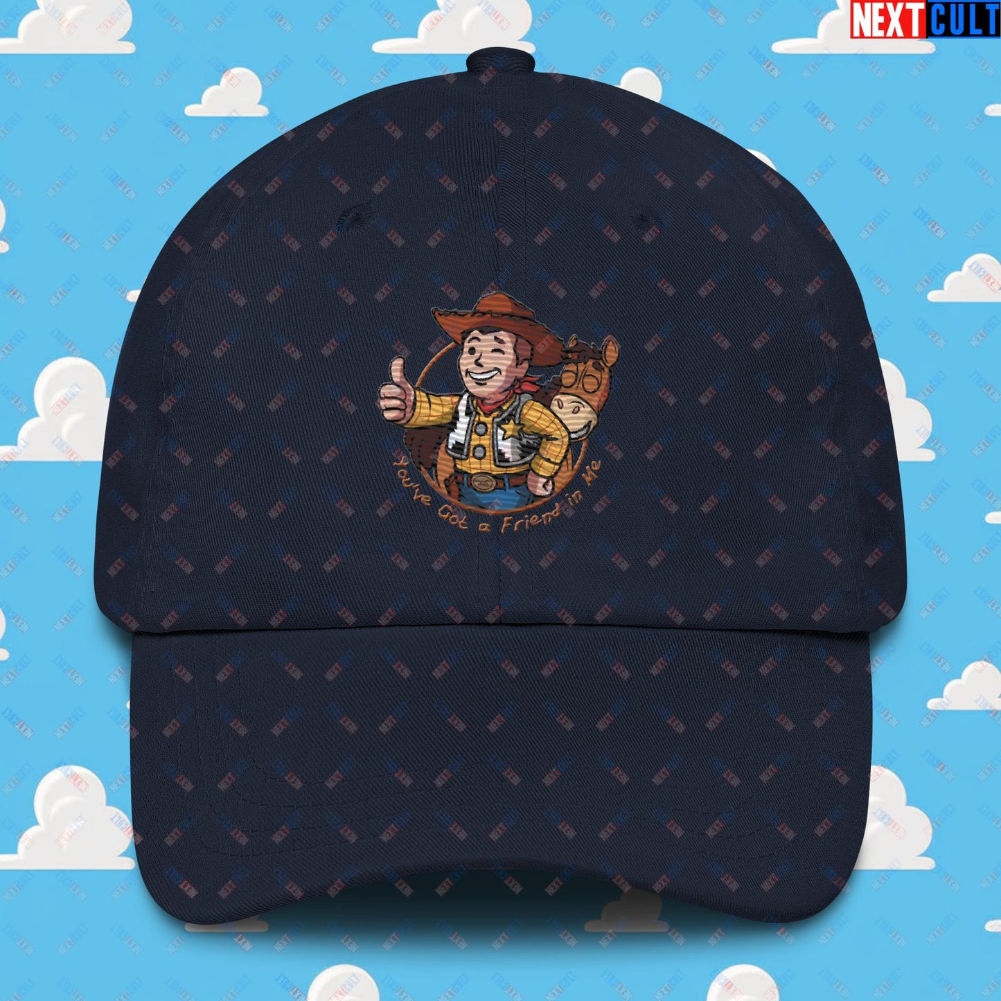 Cowboy Woody Toy Story Vault Boy Fallout Funny Meme Cartoon Mashup Dad hat Navy Hats Fallout Movies Toy Story Vault Boy Next Cult Brand