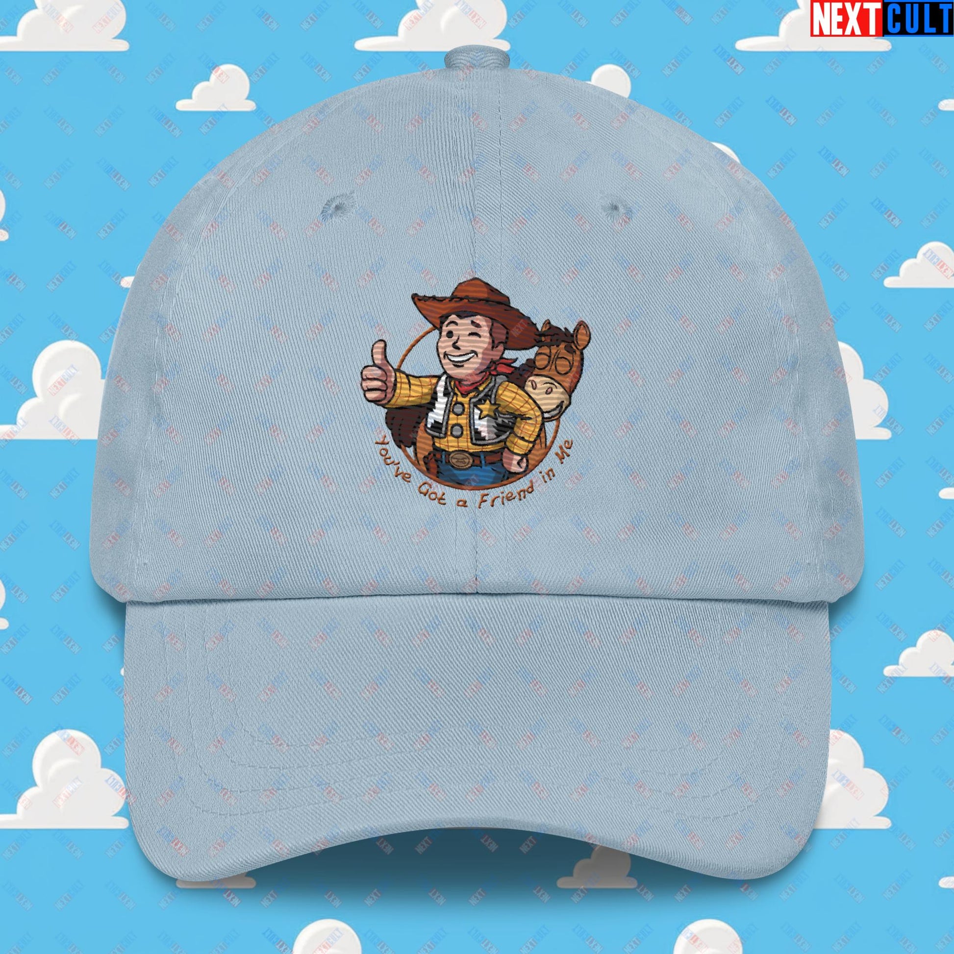 Cowboy Woody Toy Story Vault Boy Fallout Funny Meme Cartoon Mashup Dad hat Light Blue Hats Fallout Movies Toy Story Vault Boy Next Cult Brand