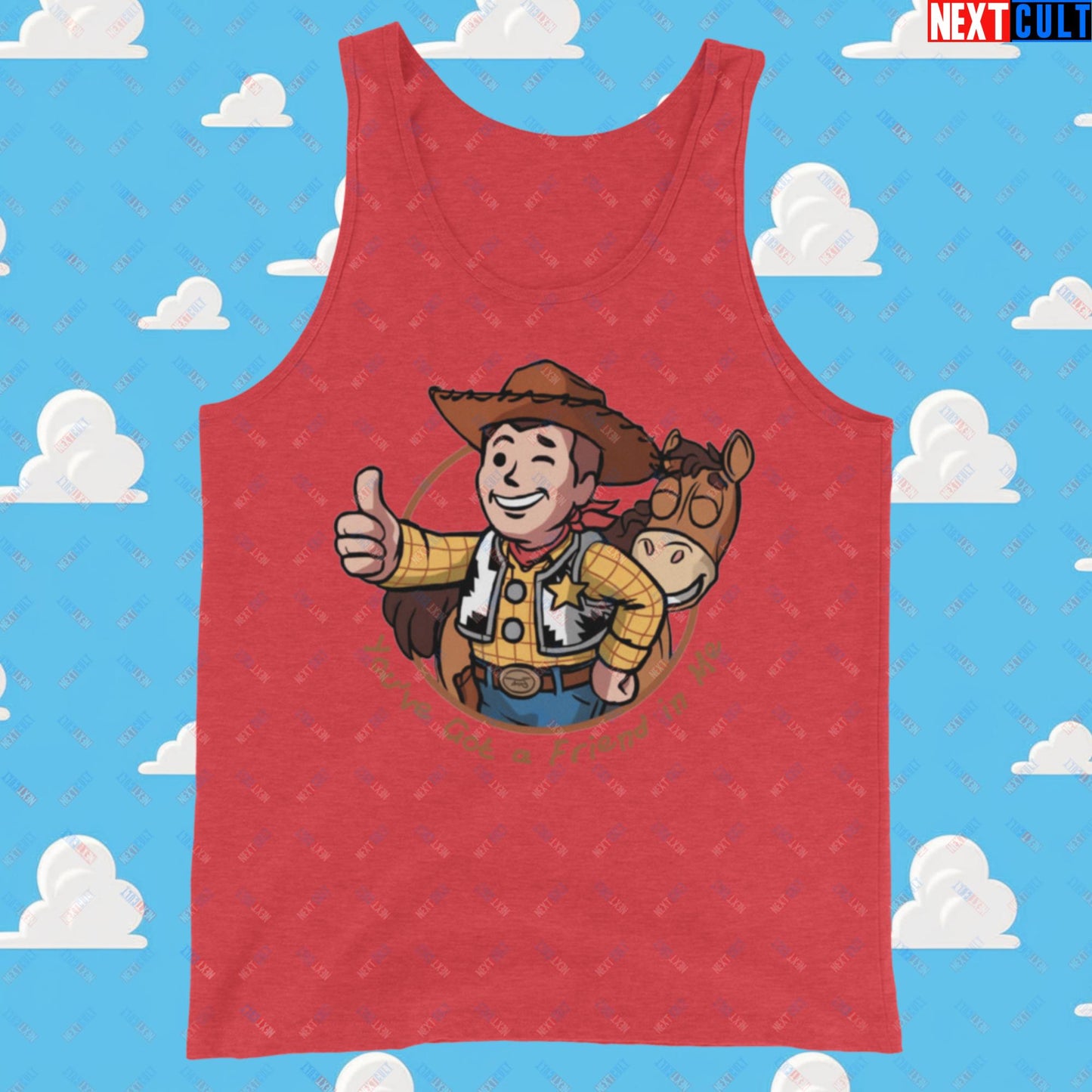 Cowboy Woody Toy Story Vault Boy Fallout Funny Meme Cartoon Mashup Tank Top Red Triblend Tank Tops Fallout Movies Toy Story Vault Boy Next Cult Brand