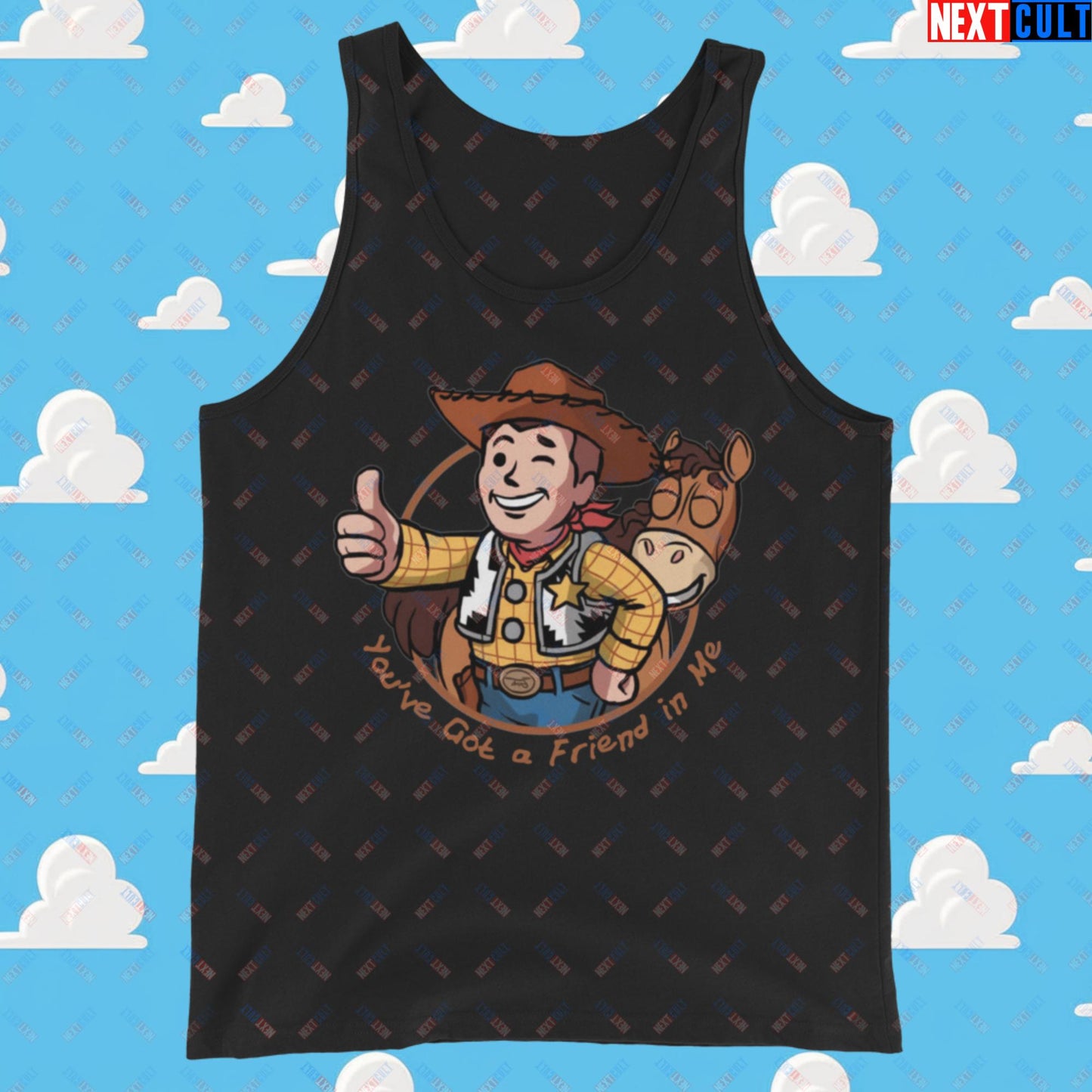 Cowboy Woody Toy Story Vault Boy Fallout Funny Meme Cartoon Mashup Tank Top Black Tank Tops Fallout Movies Toy Story Vault Boy Next Cult Brand