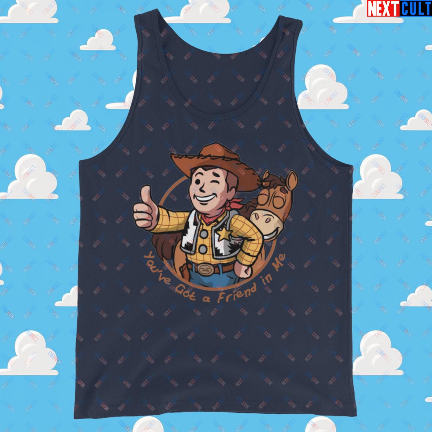 Cowboy Woody Toy Story Vault Boy Fallout Funny Meme Cartoon Mashup Tank Top Navy Tank Tops Fallout Movies Toy Story Vault Boy Next Cult Brand