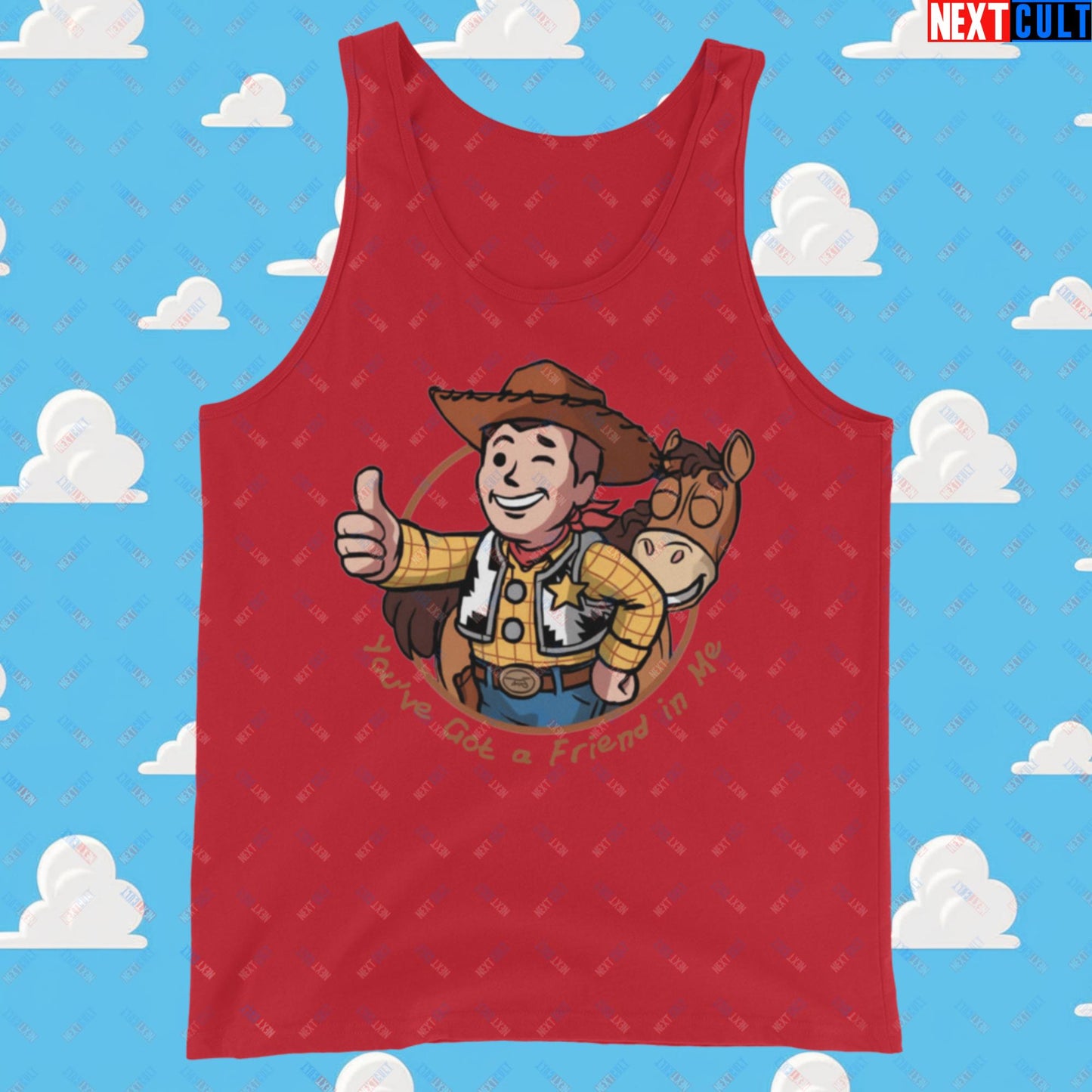 Cowboy Woody Toy Story Vault Boy Fallout Funny Meme Cartoon Mashup Tank Top Red Tank Tops Fallout Movies Toy Story Vault Boy Next Cult Brand