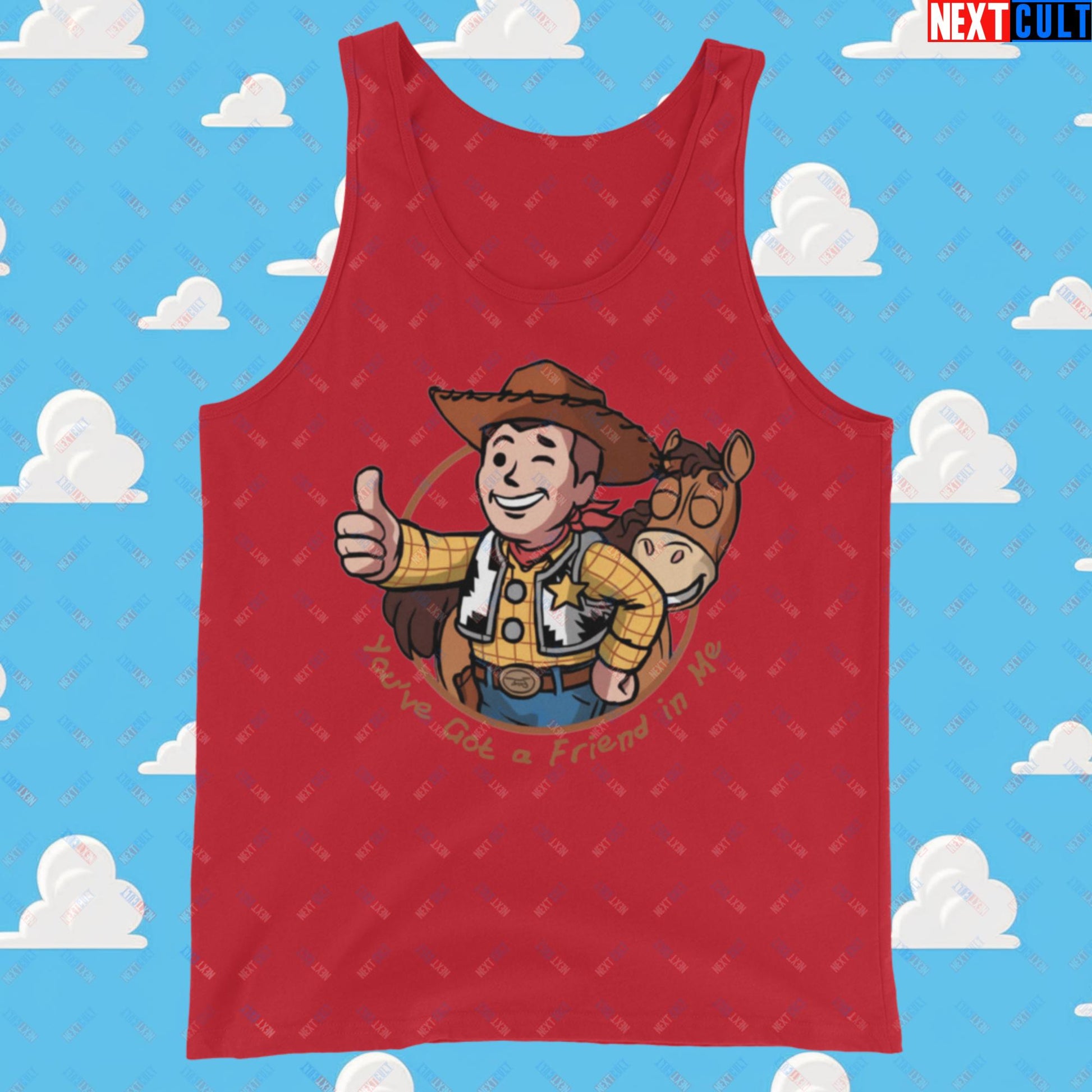 Cowboy Woody Toy Story Vault Boy Fallout Funny Meme Cartoon Mashup Tank Top Next Cult Brand