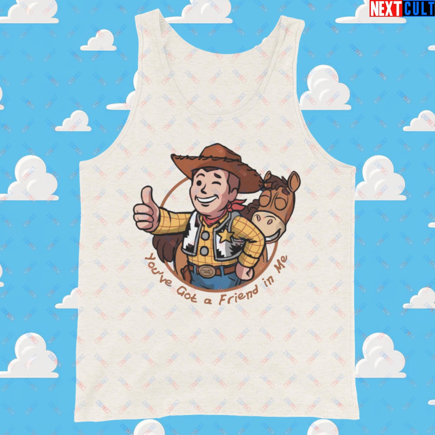 Cowboy Woody Toy Story Vault Boy Fallout Funny Meme Cartoon Mashup Tank Top Oatmeal Triblend Tank Tops Fallout Movies Toy Story Vault Boy Next Cult Brand