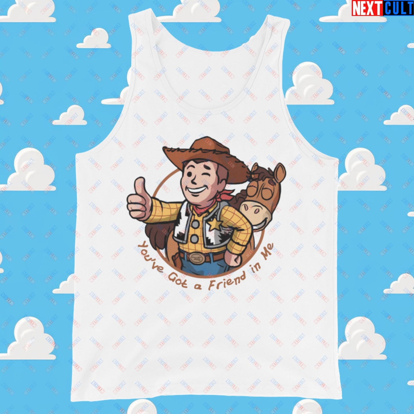 Cowboy Woody Toy Story Vault Boy Fallout Funny Meme Cartoon Mashup Tank Top White Tank Tops Fallout Movies Toy Story Vault Boy Next Cult Brand