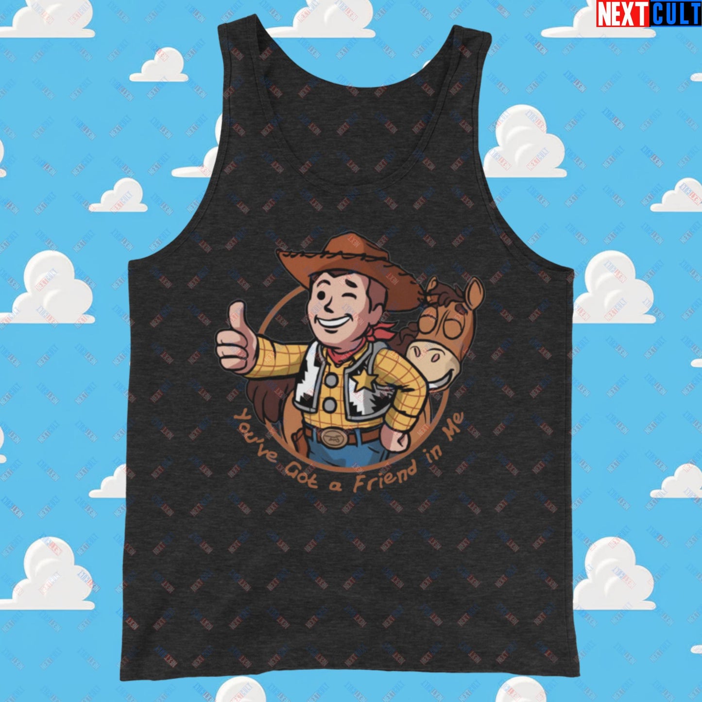 Cowboy Woody Toy Story Vault Boy Fallout Funny Meme Cartoon Mashup Tank Top Charcoal-Black Triblend Tank Tops Fallout Movies Toy Story Vault Boy Next Cult Brand