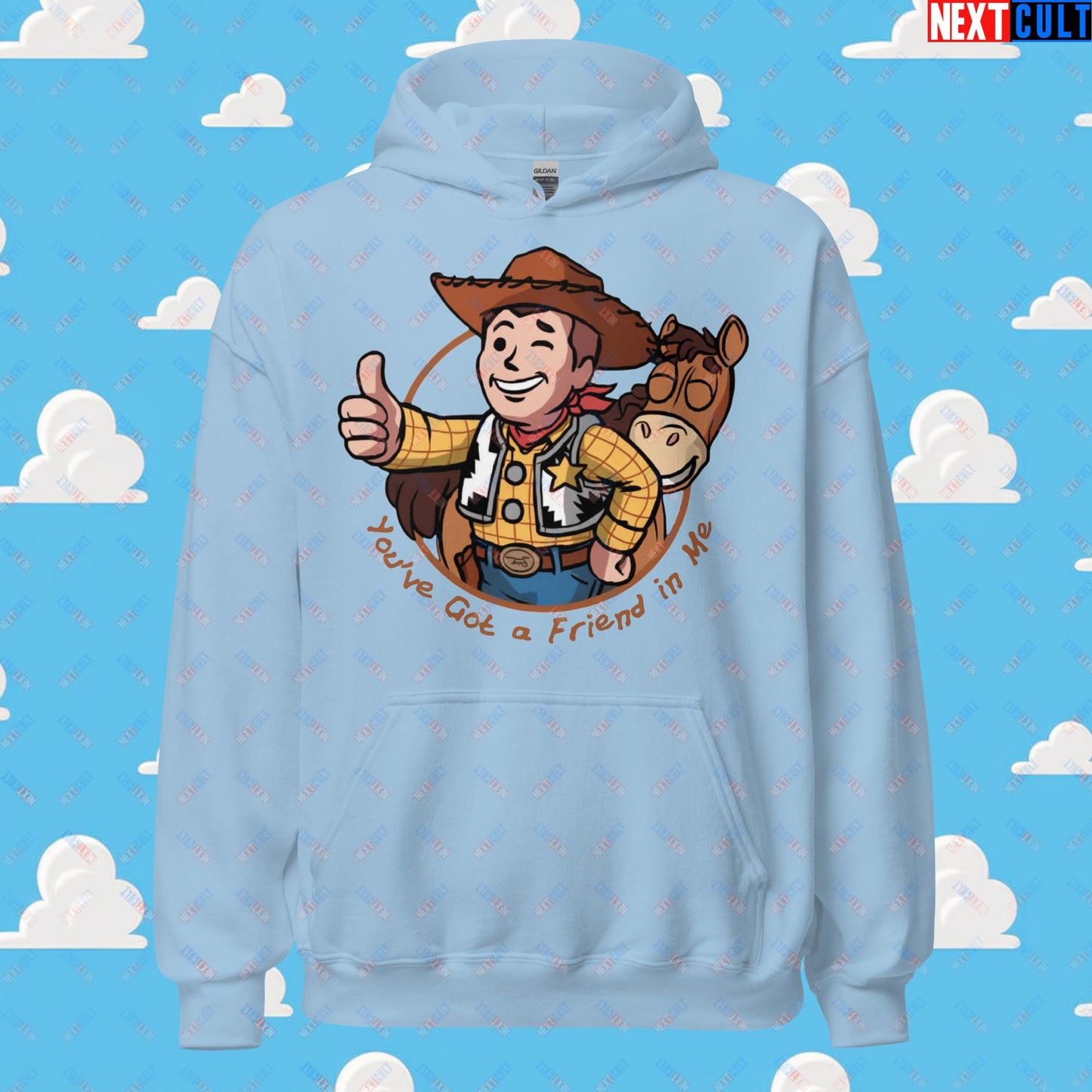 Cowboy Woody Toy Story Vault Boy Fallout Funny Meme Cartoon Mashup Unisex Hoodie Light Blue Hoodies Fallout Movies Toy Story Vault Boy Next Cult Brand