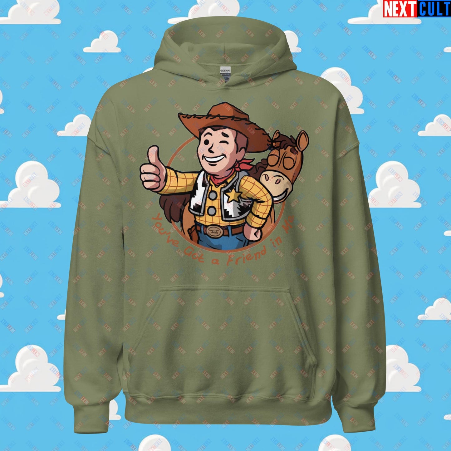 Cowboy Woody Toy Story Vault Boy Fallout Funny Meme Cartoon Mashup Unisex Hoodie Military Green Hoodies Fallout Movies Toy Story Vault Boy Next Cult Brand