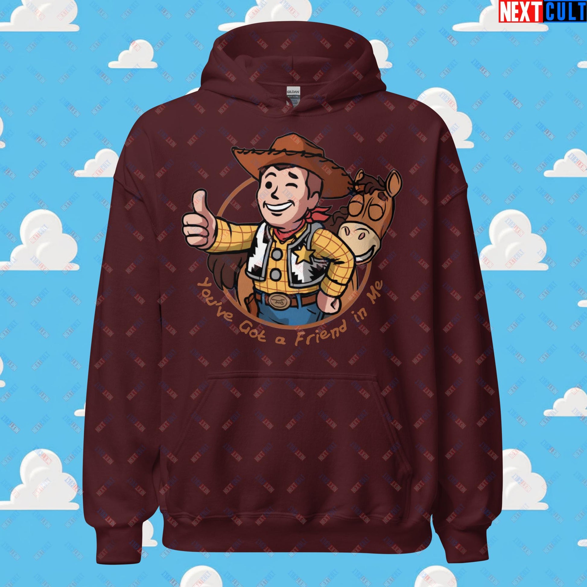 Cowboy Woody Toy Story Vault Boy Fallout Funny Meme Cartoon Mashup Unisex Hoodie Maroon Hoodies Fallout Movies Toy Story Vault Boy Next Cult Brand