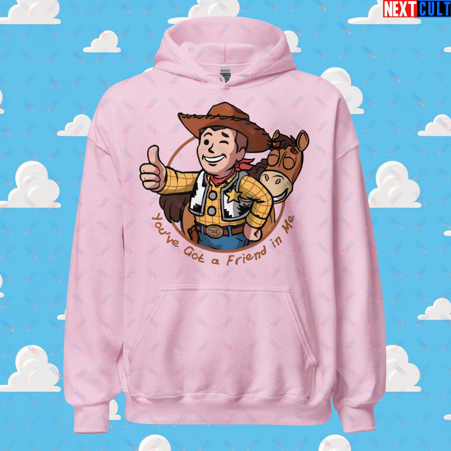 Cowboy Woody Toy Story Vault Boy Fallout Funny Meme Cartoon Mashup Unisex Hoodie Light Pink Hoodies Fallout Movies Toy Story Vault Boy Next Cult Brand