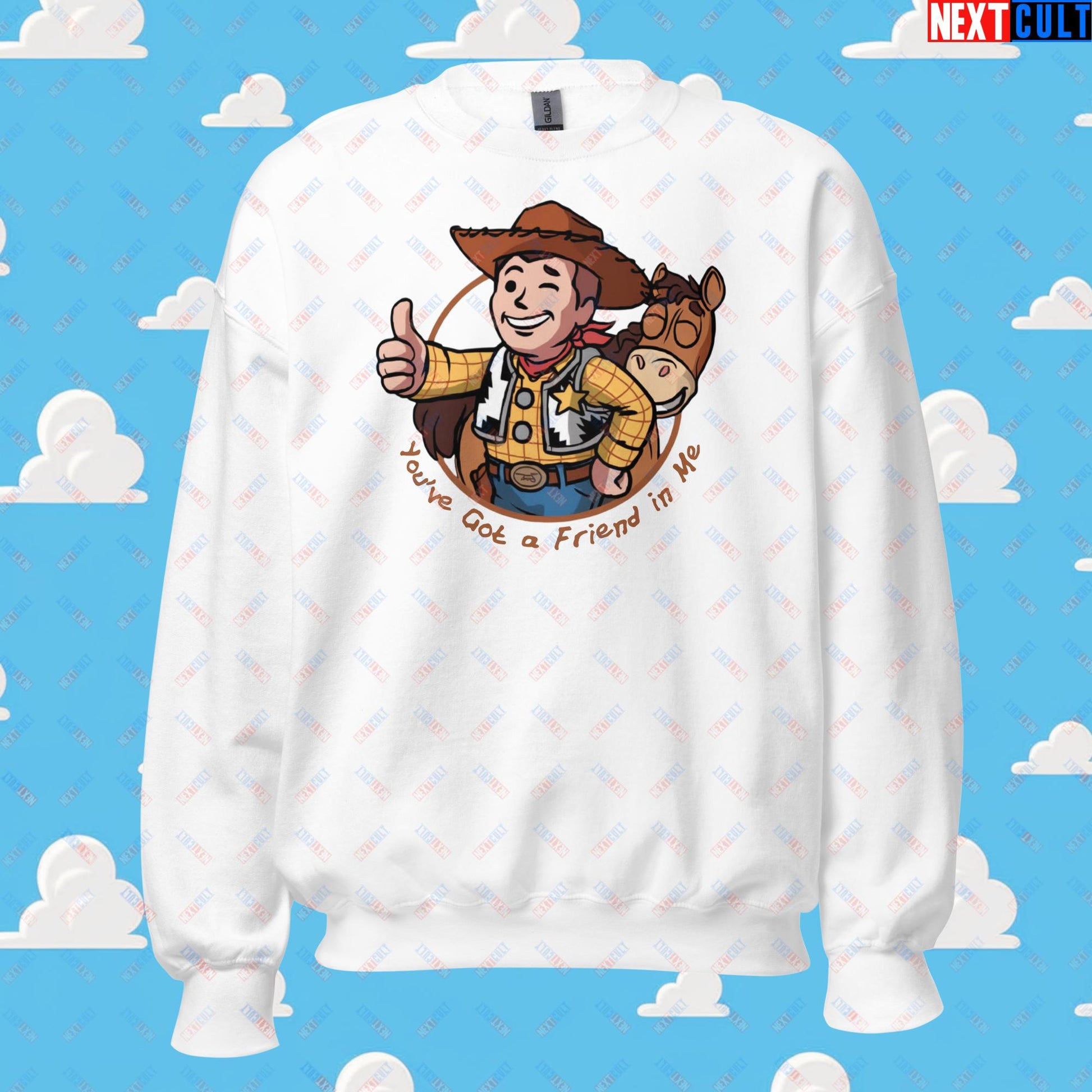 Cowboy Woody Toy Story Vault Boy Fallout Funny Meme Cartoon Mashup Unisex Sweatshirt White Sweatshirts Fallout Movies Toy Story Vault Boy Next Cult Brand