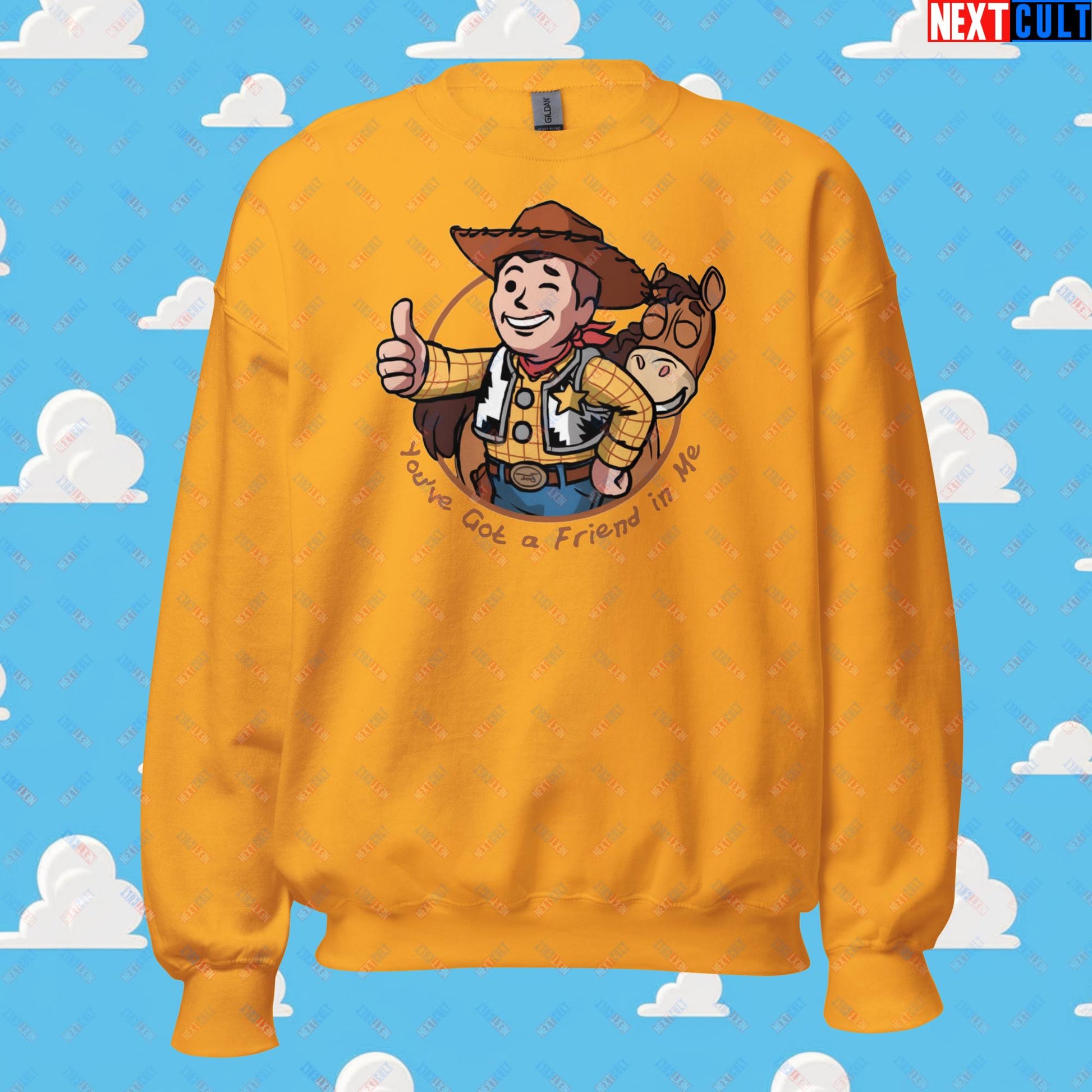 Cowboy Woody Toy Story Vault Boy Fallout Funny Meme Cartoon Mashup Unisex Sweatshirt Gold Sweatshirts Fallout Movies Toy Story Vault Boy Next Cult Brand