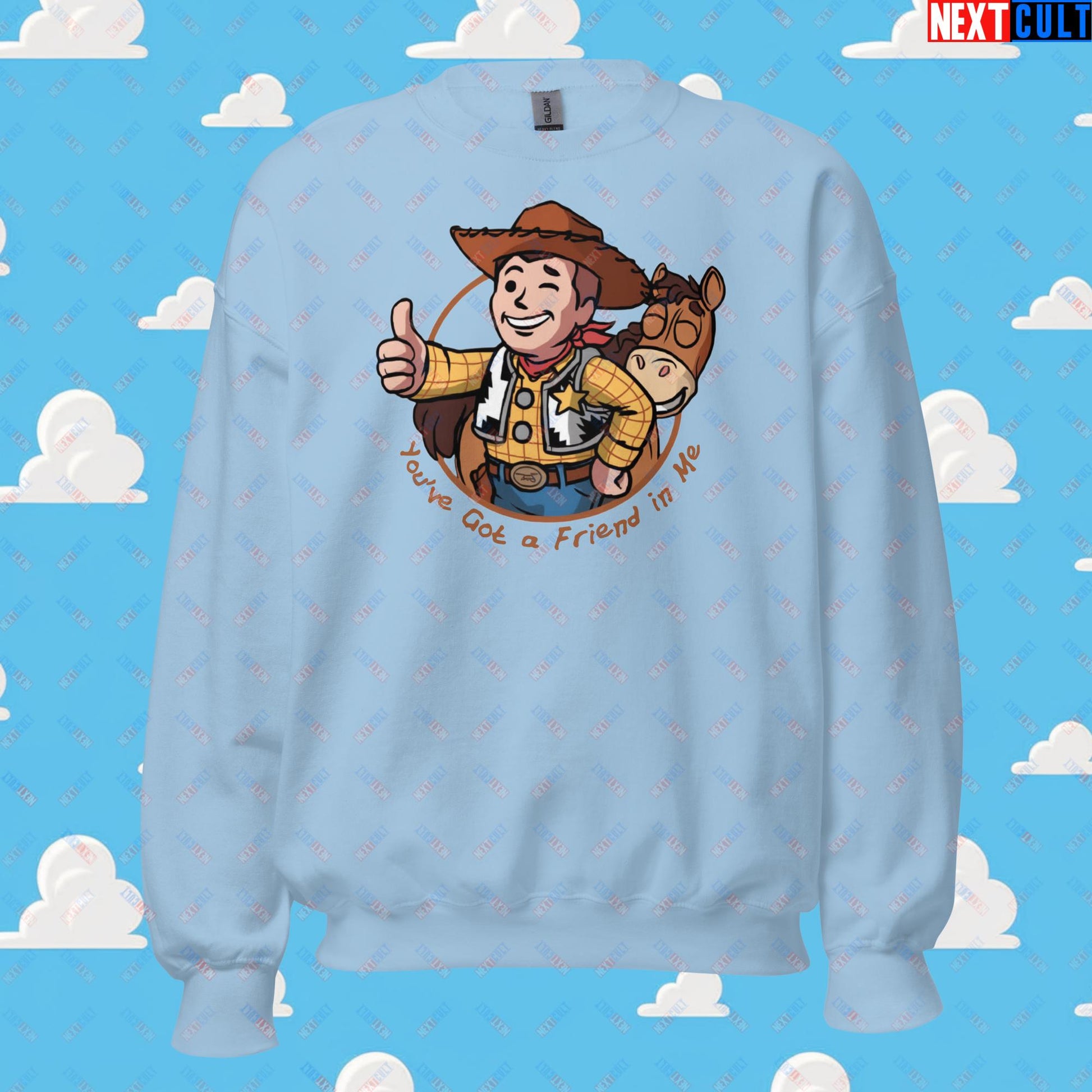 Cowboy Woody Toy Story Vault Boy Fallout Funny Meme Cartoon Mashup Unisex Sweatshirt Light Blue Sweatshirts Fallout Movies Toy Story Vault Boy Next Cult Brand