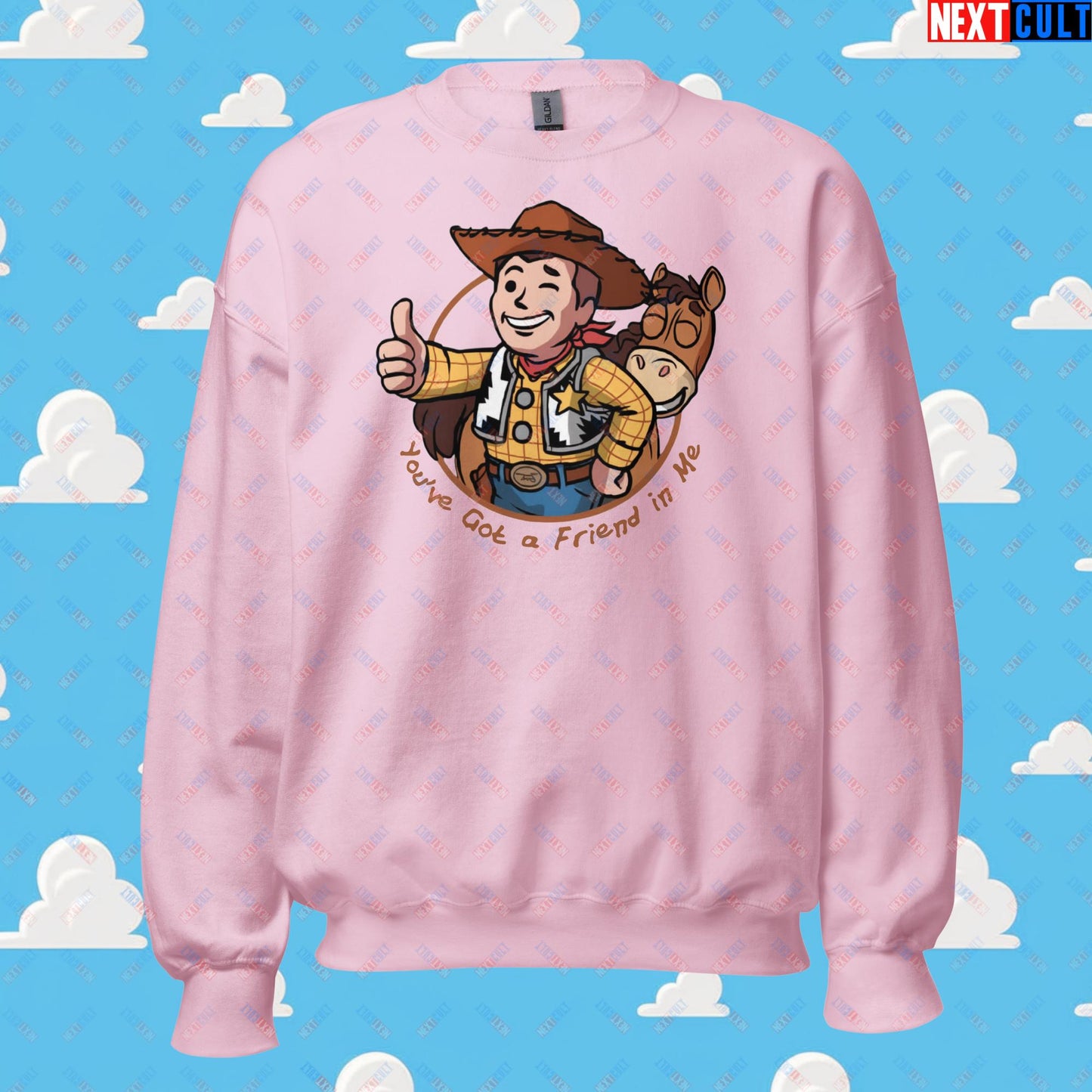 Cowboy Woody Toy Story Vault Boy Fallout Funny Meme Cartoon Mashup Unisex Sweatshirt Light Pink Sweatshirts Fallout Movies Toy Story Vault Boy Next Cult Brand