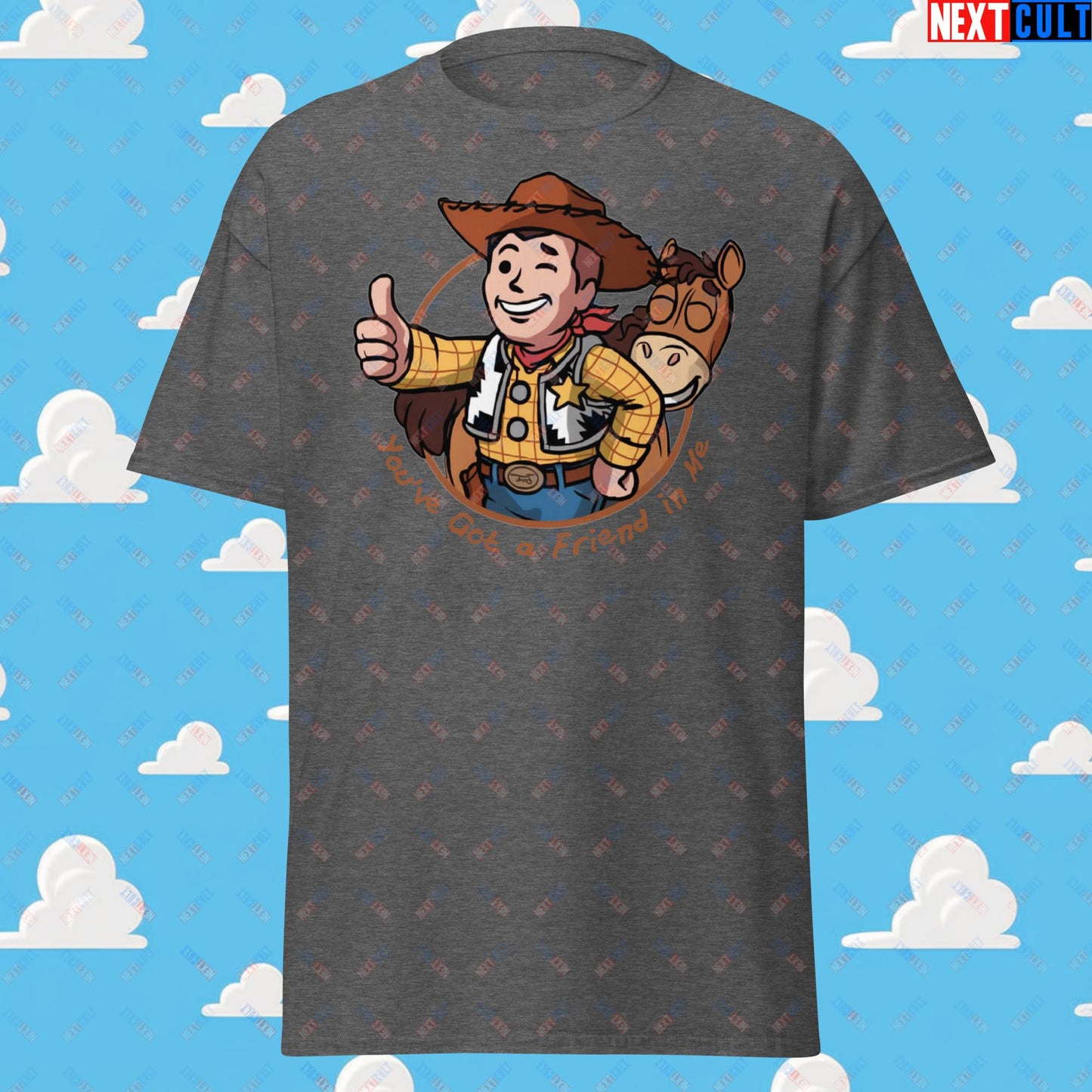 Cowboy Woody Toy Story Vault Boy Fallout Funny Meme Cartoon Mashup Unisex tee Dark Heather T-shirts Fallout Movies Toy Story Vault Boy Next Cult Brand