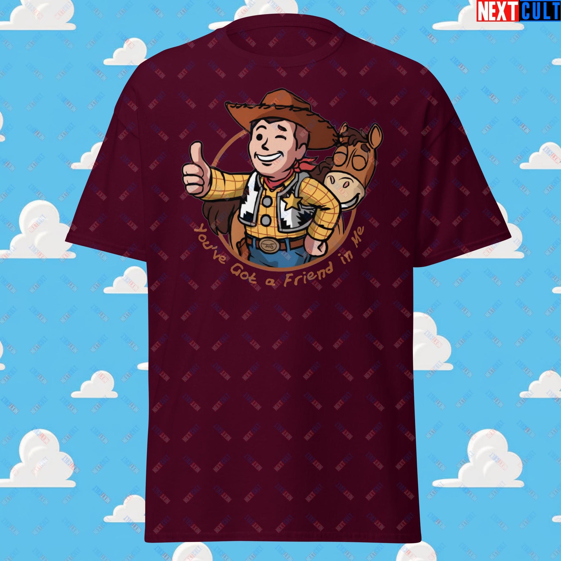 Cowboy Woody Toy Story Vault Boy Fallout Funny Meme Cartoon Mashup Unisex tee Maroon T-shirts Fallout Movies Toy Story Vault Boy Next Cult Brand