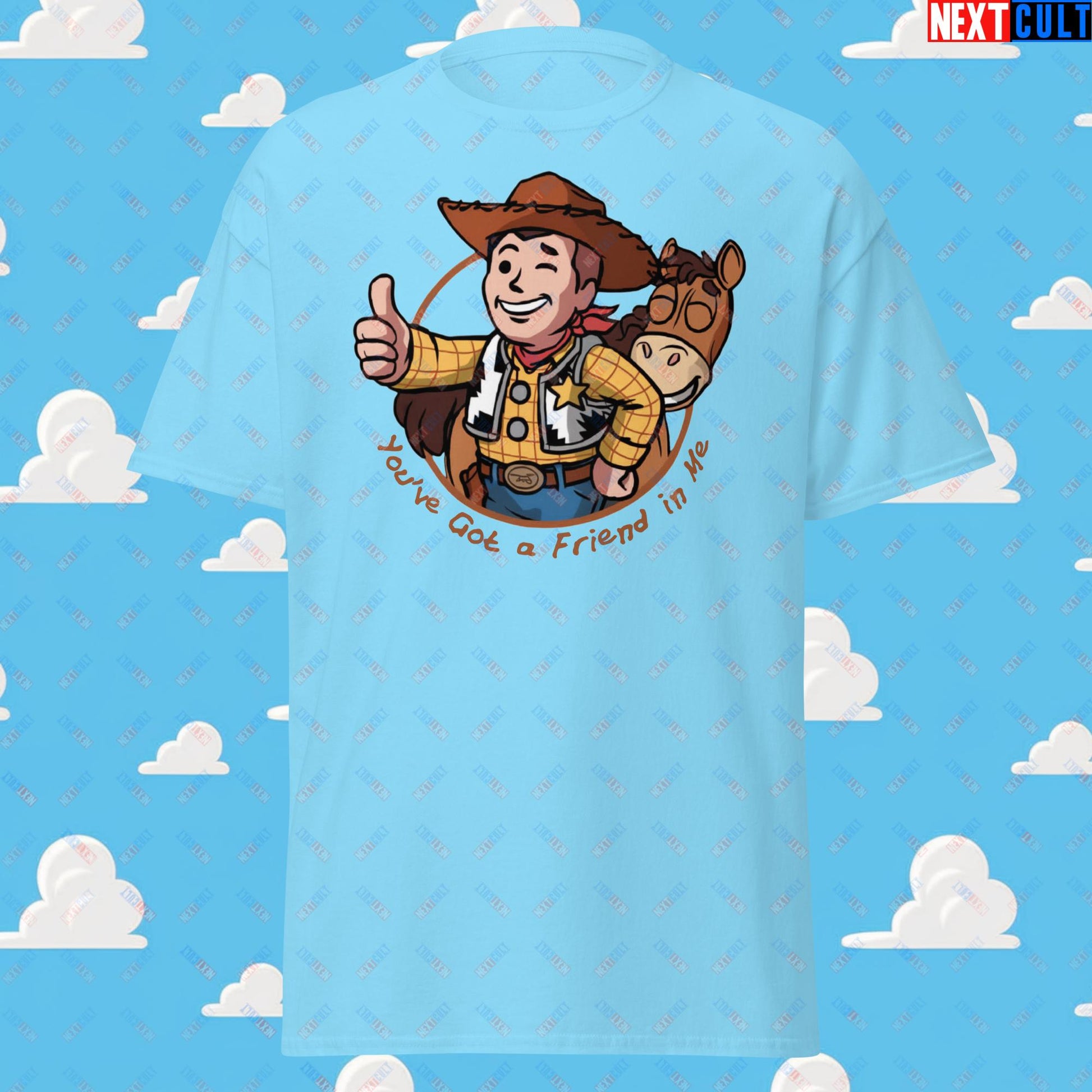 Cowboy Woody Toy Story Vault Boy Fallout Funny Meme Cartoon Mashup Unisex tee Sky T-shirts Fallout Movies Toy Story Vault Boy Next Cult Brand