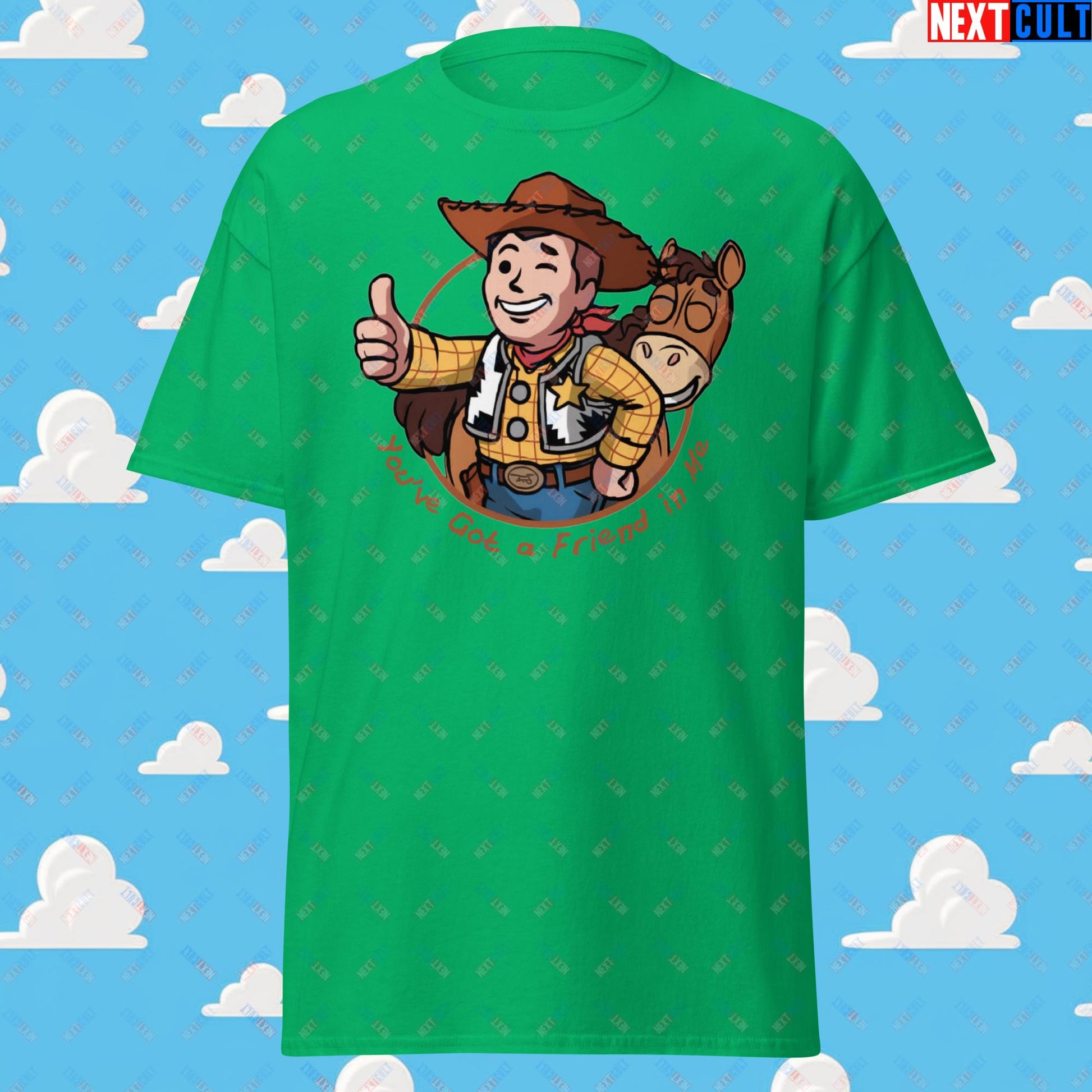 Cowboy Woody Toy Story Vault Boy Fallout Funny Meme Cartoon Mashup Unisex tee Irish Green T-shirts Fallout Movies Toy Story Vault Boy Next Cult Brand