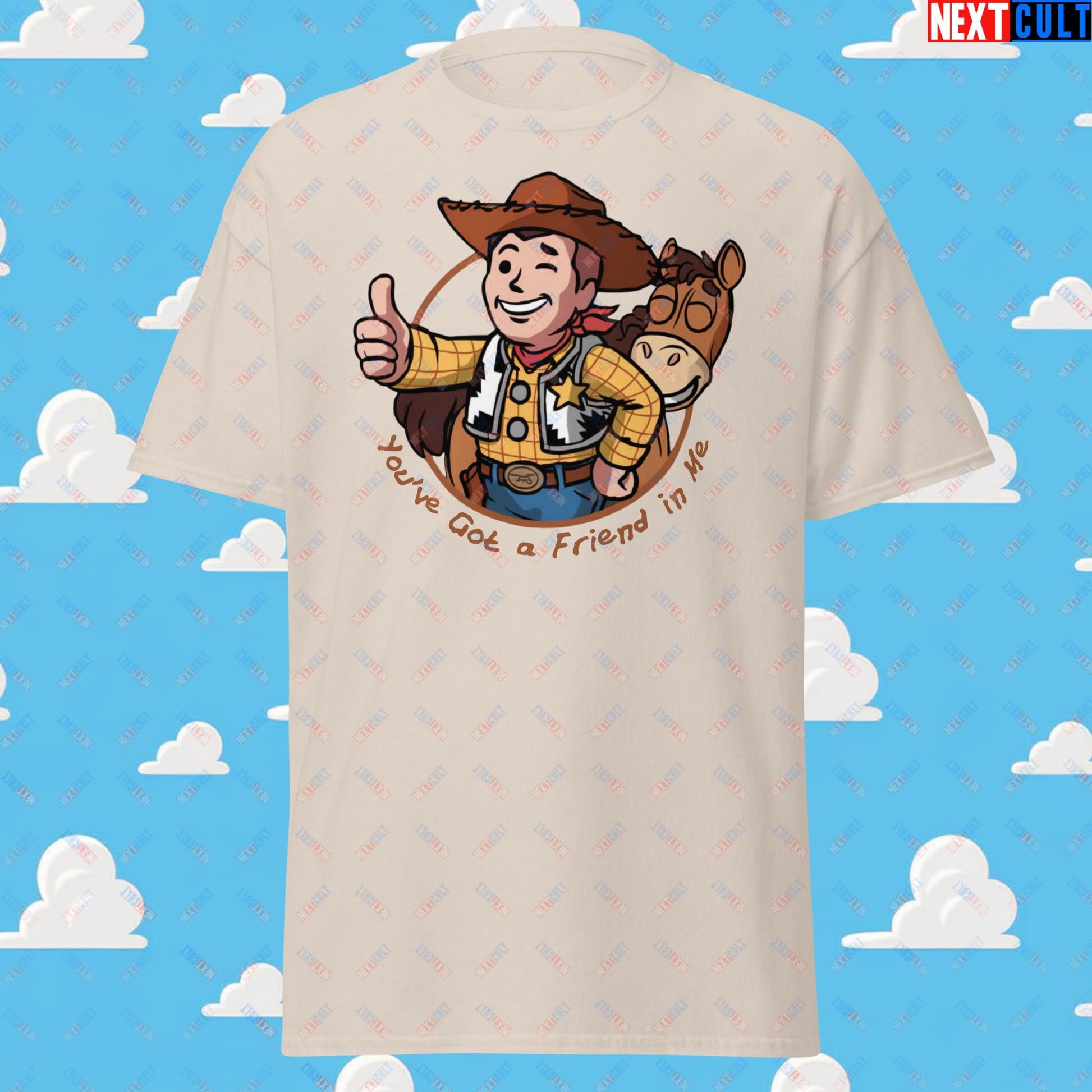 Cowboy Woody Toy Story Vault Boy Fallout Funny Meme Cartoon Mashup Unisex tee Natural T-shirts Fallout Movies Toy Story Vault Boy Next Cult Brand